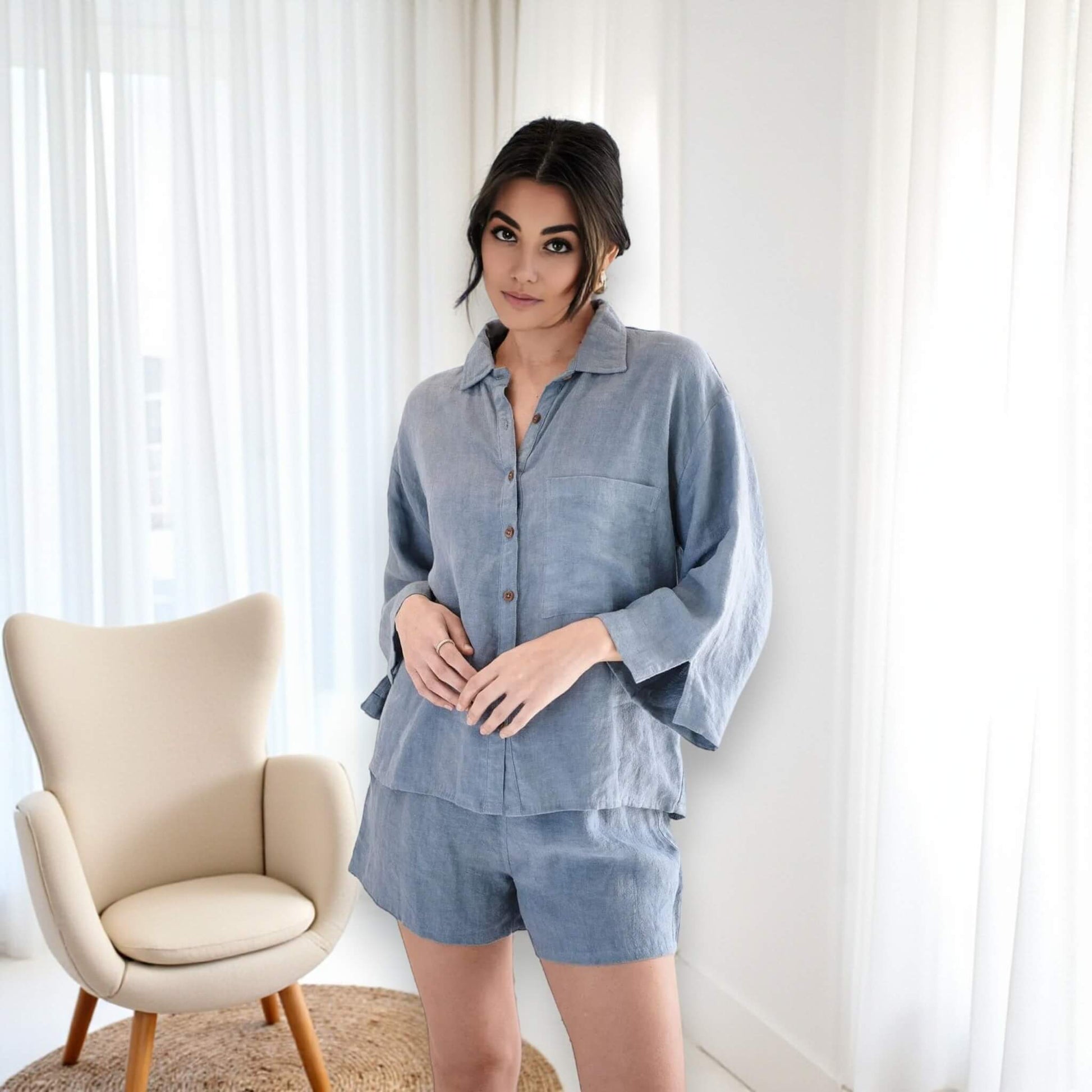 Linen Pajamas Women, Relaxed Linen Shirt And Drawstring Shorts Set