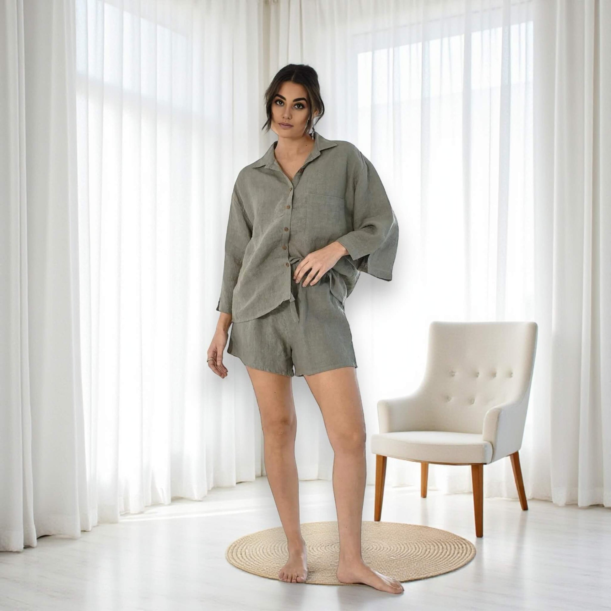 Linen Pajamas Women, Relaxed Linen Shirt And Drawstring Shorts Set
