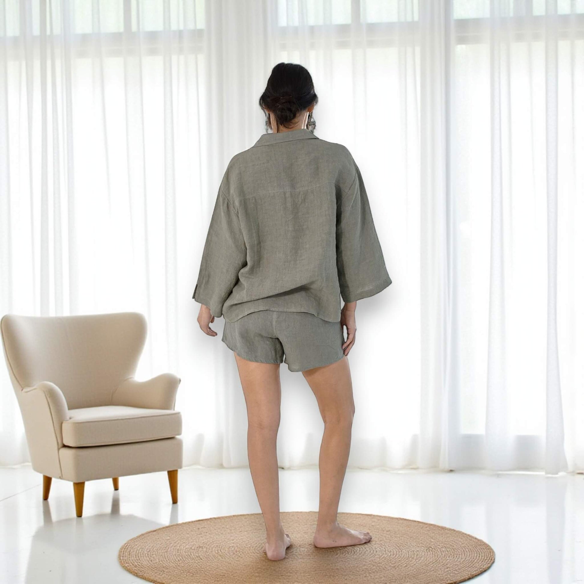 Linen Pajamas Women, Relaxed Linen Shirt And Drawstring Shorts Set