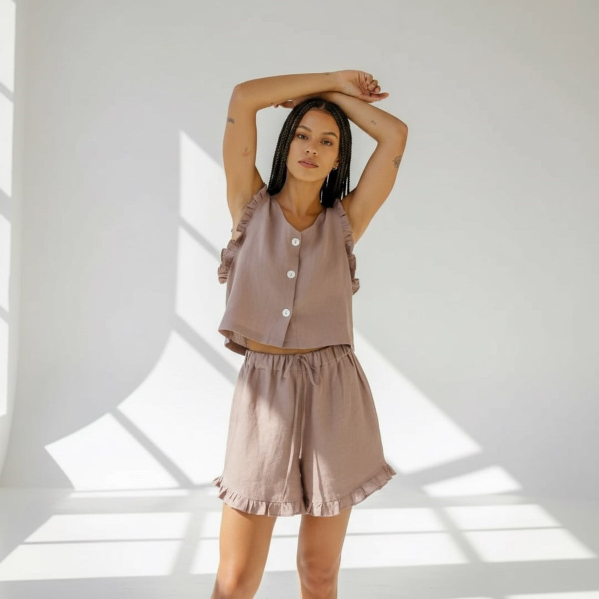 Linen Pajamas Women, Sleeveless Ruffle Top And Ruffle Short Set