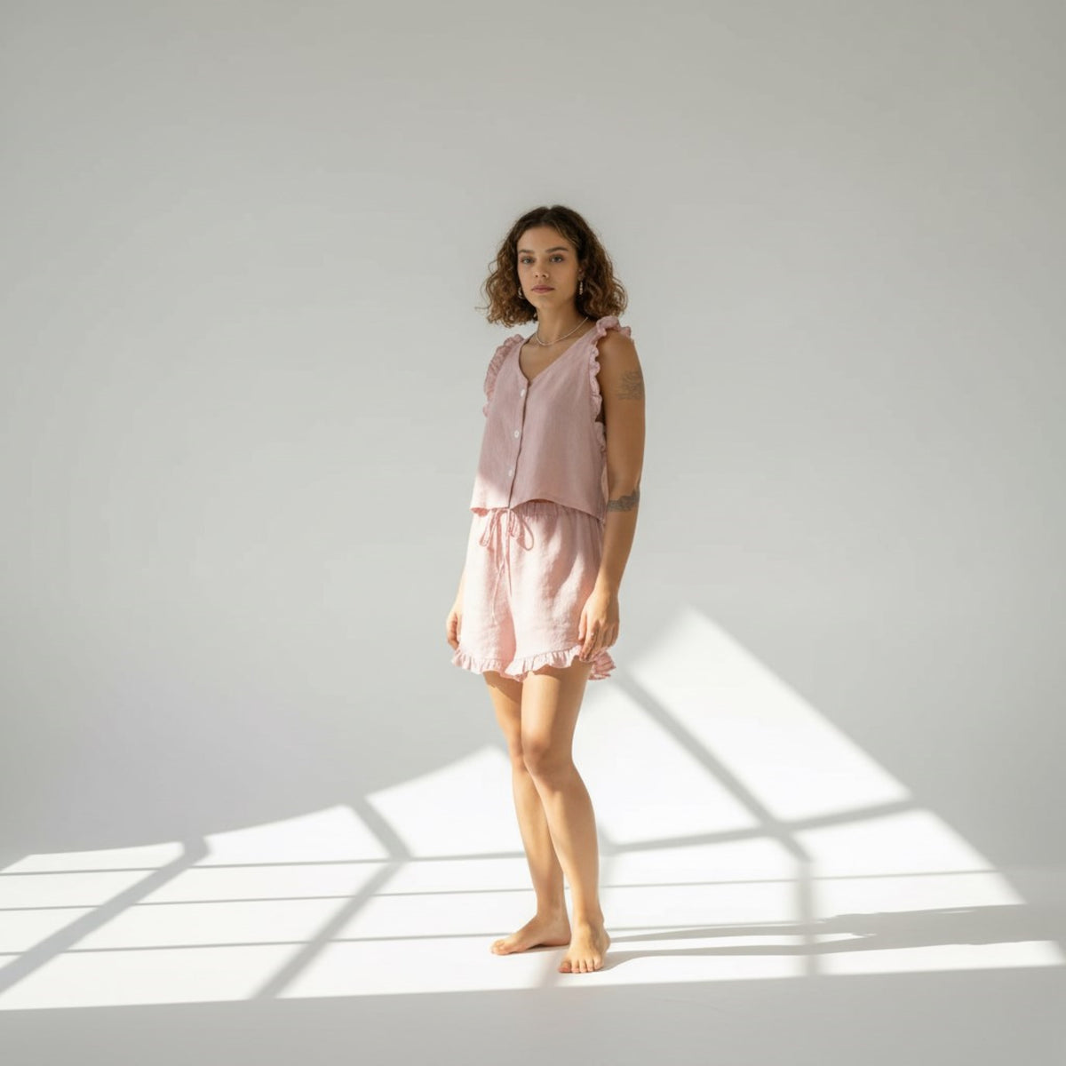 Linen Pajamas Women, Sleeveless Ruffle Top And Ruffle Short Set