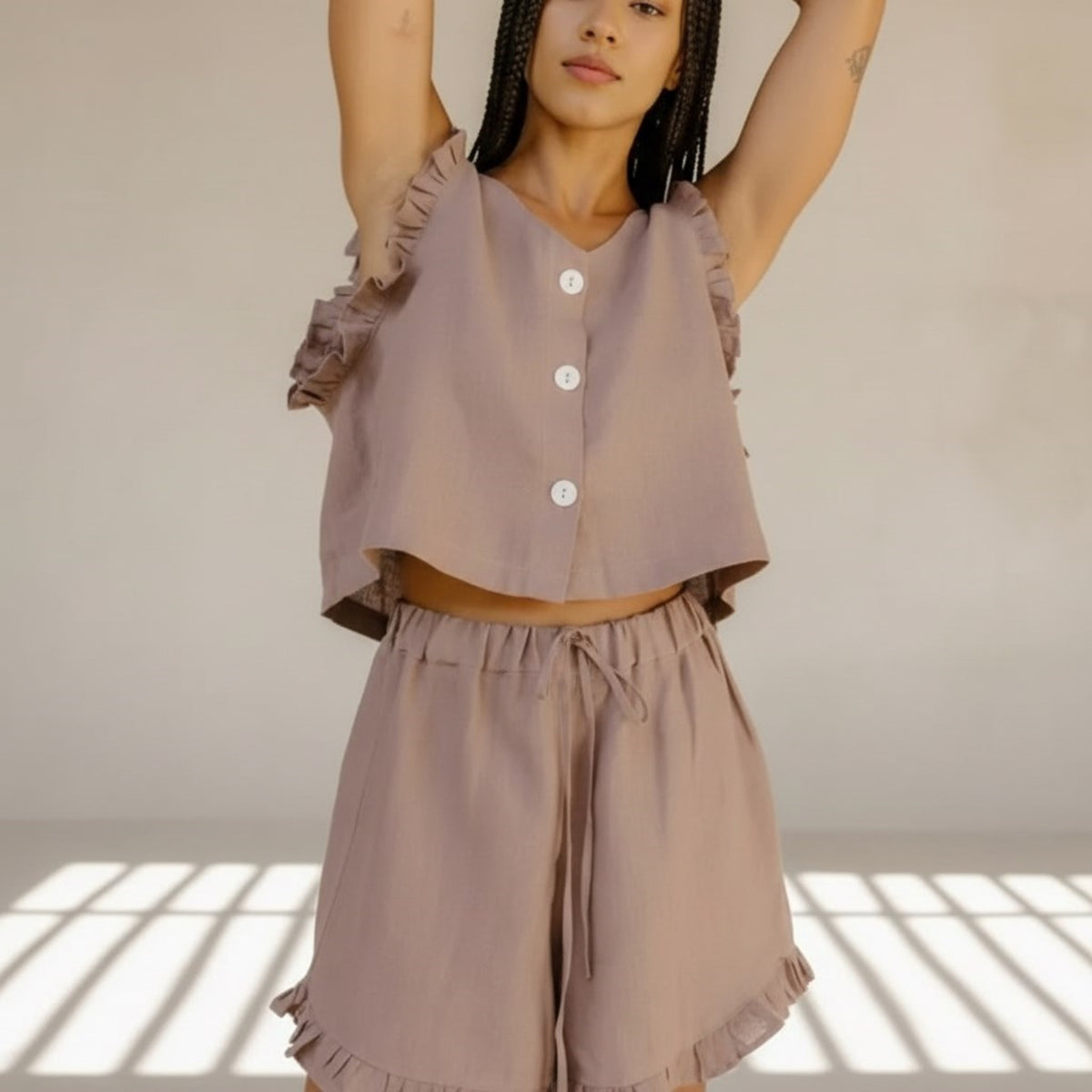 Linen Pajamas Women, Sleeveless Ruffle Top And Ruffle Short Set