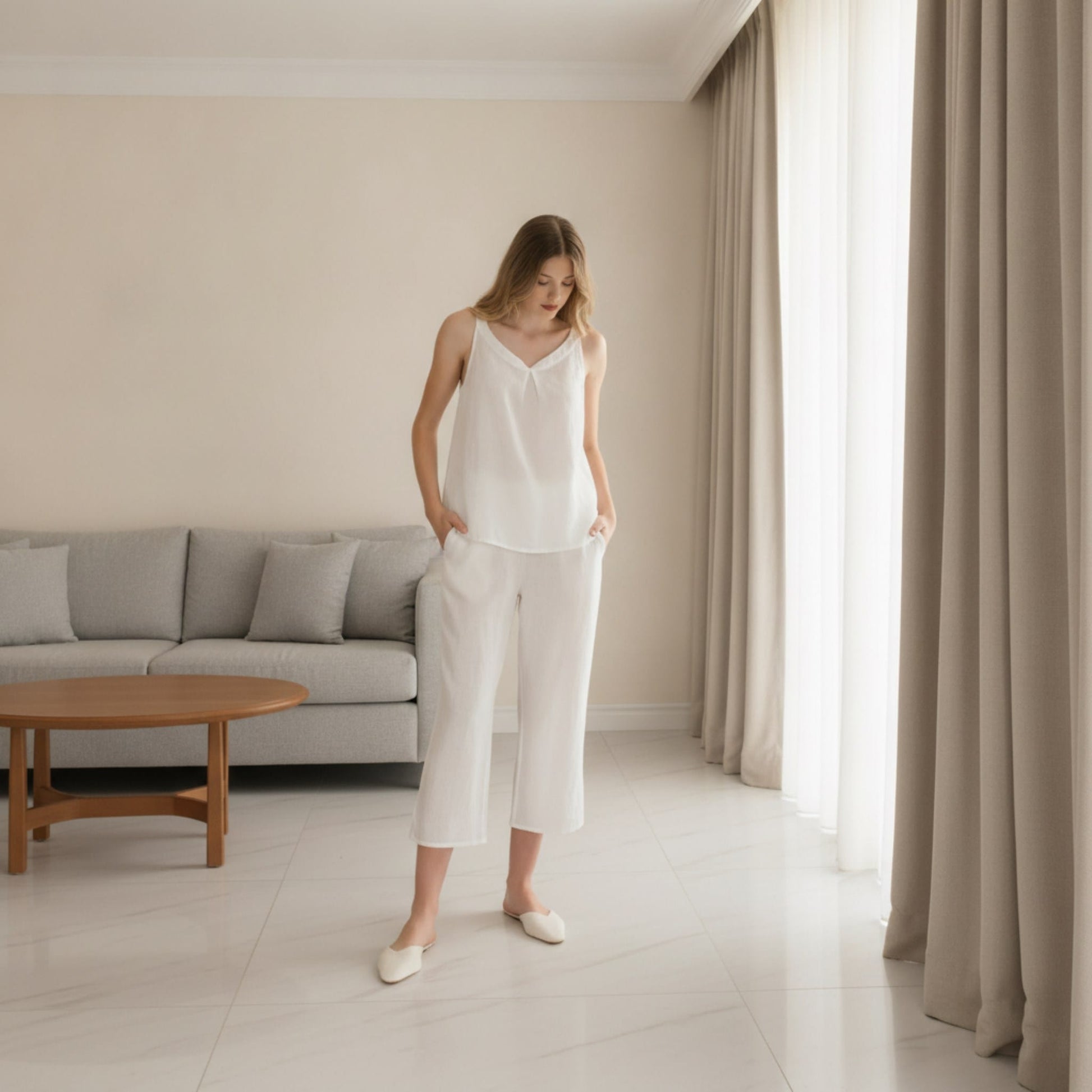 Linen Pajamas Women, Sleeveless V Neck Top And Cropped Pants