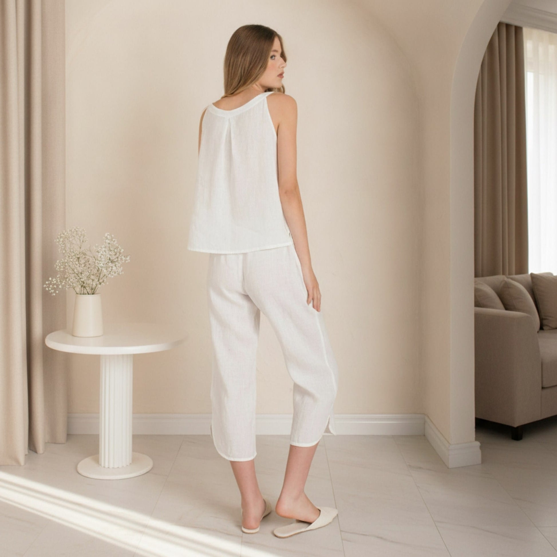 Linen Pajamas Women, Sleeveless V Neck Top And Cropped Pants