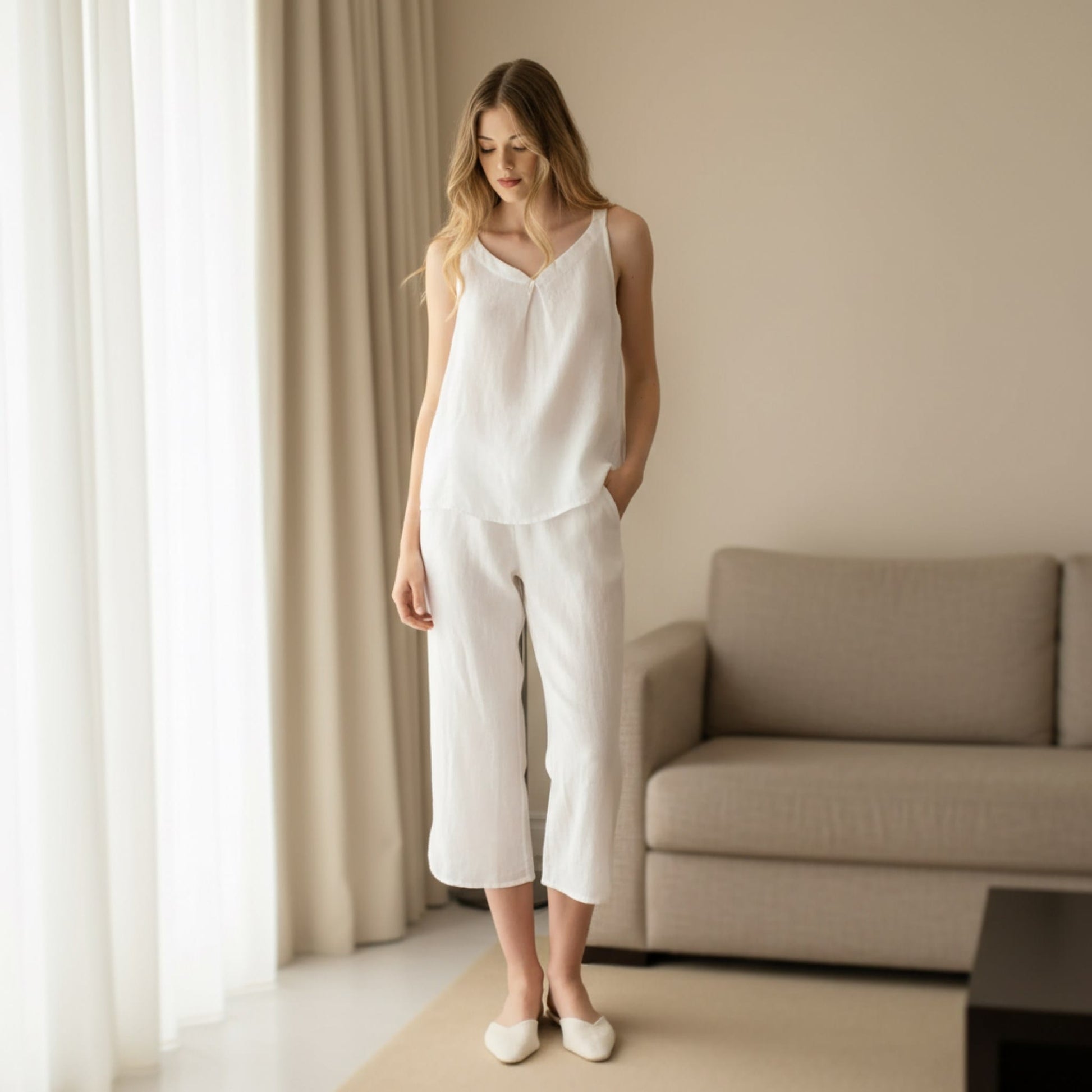 Linen Pajamas Women, Sleeveless V Neck Top And Cropped Pants
