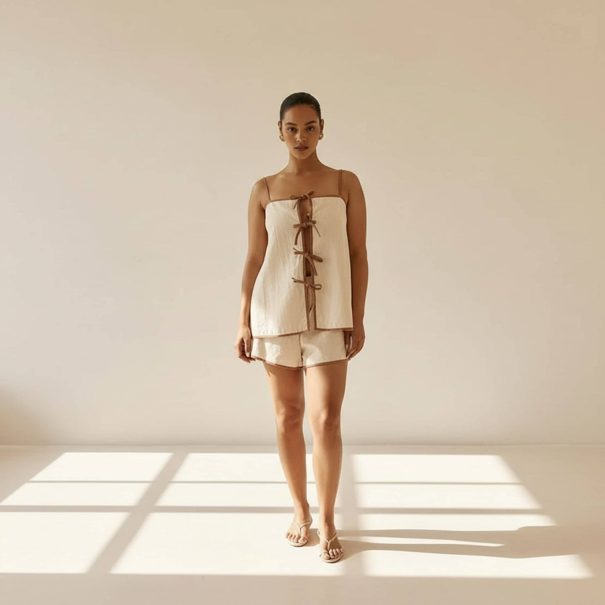 Linen Pajamas Women, Tie Front Linen Top And Shorts Set