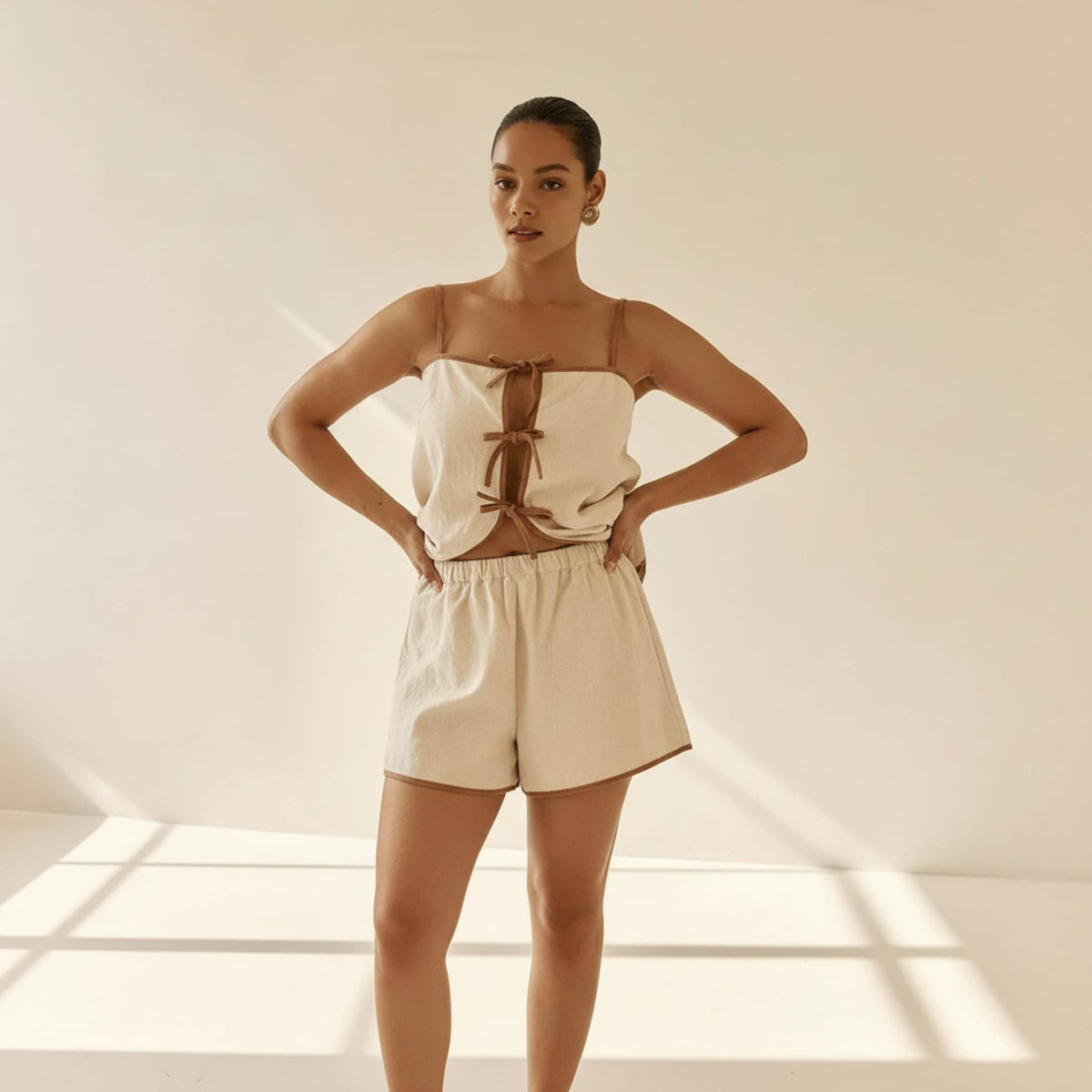 Linen Pajamas Women, Tie Front Linen Top And Shorts Set