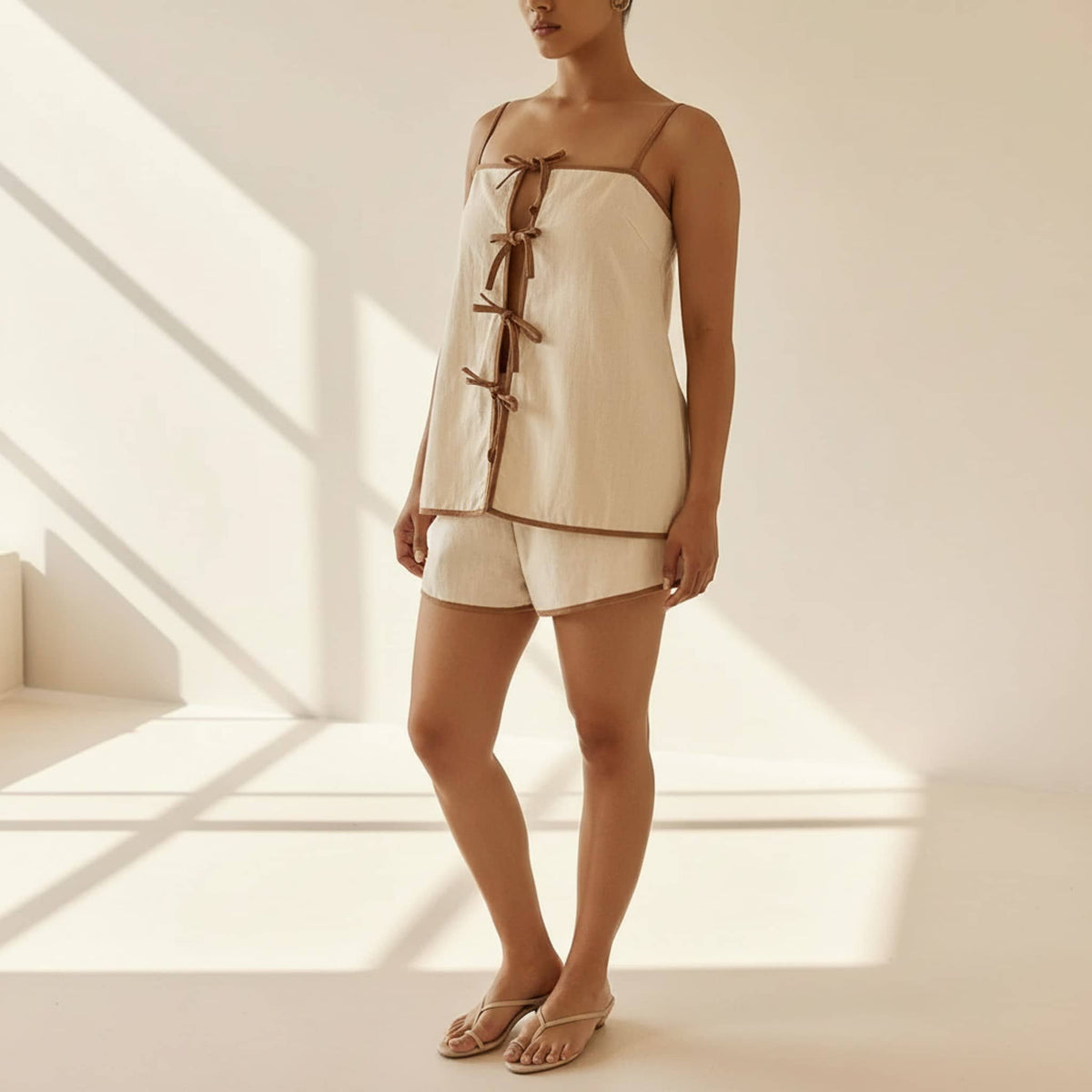 Linen Pajamas Women, Tie Front Linen Top And Shorts Set