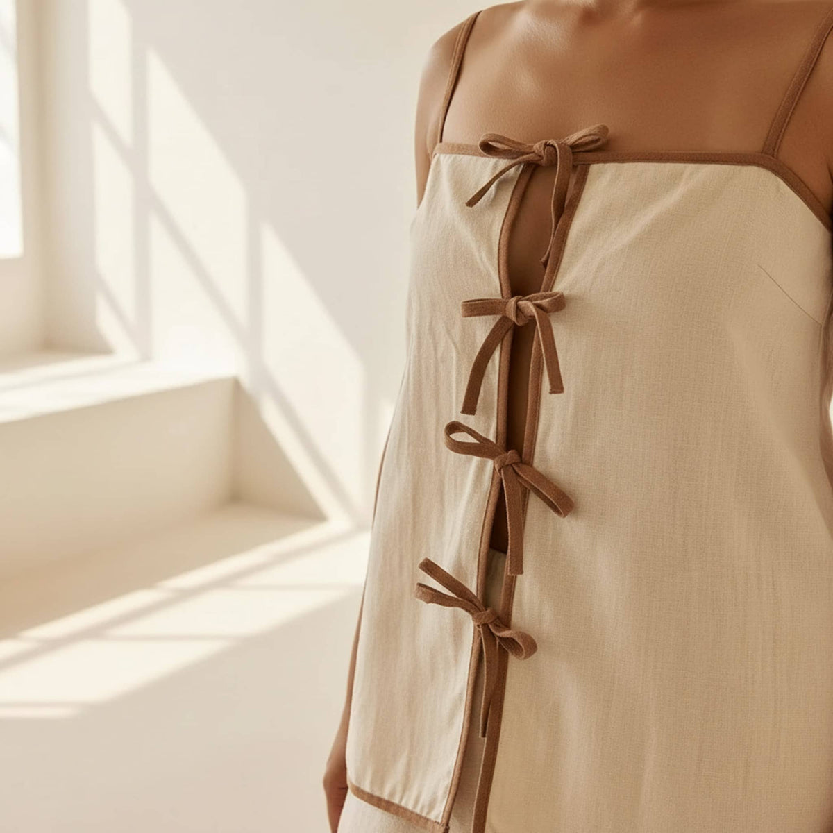 Linen Pajamas Women, Tie Front Linen Top And Shorts Set