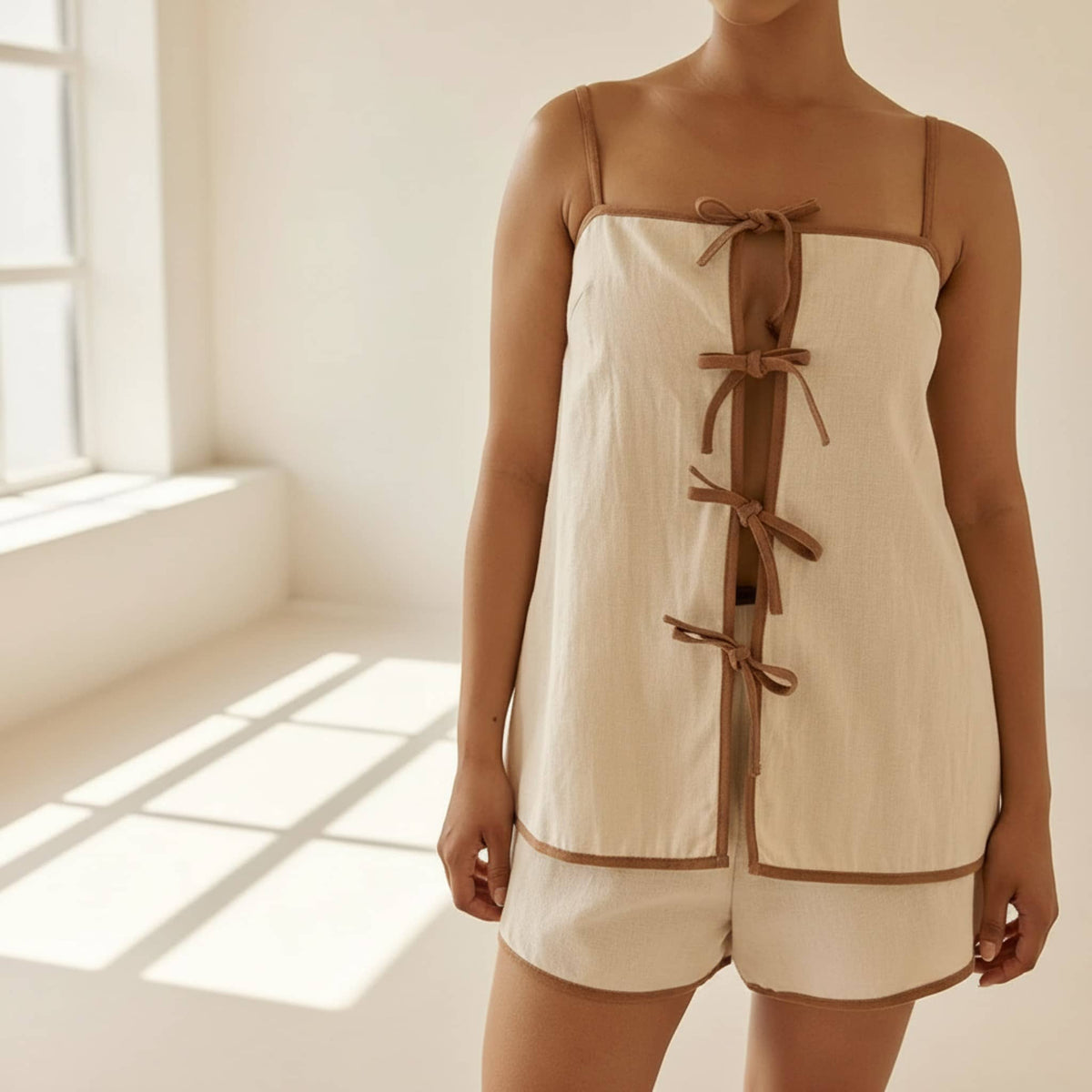 Linen Pajamas Women, Tie Front Linen Top And Shorts Set