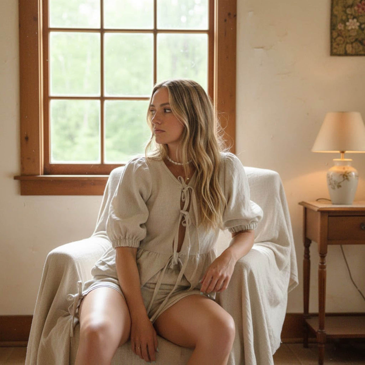 Linen Pajamas Women, Tie Front Peplum Top And Shorts Set