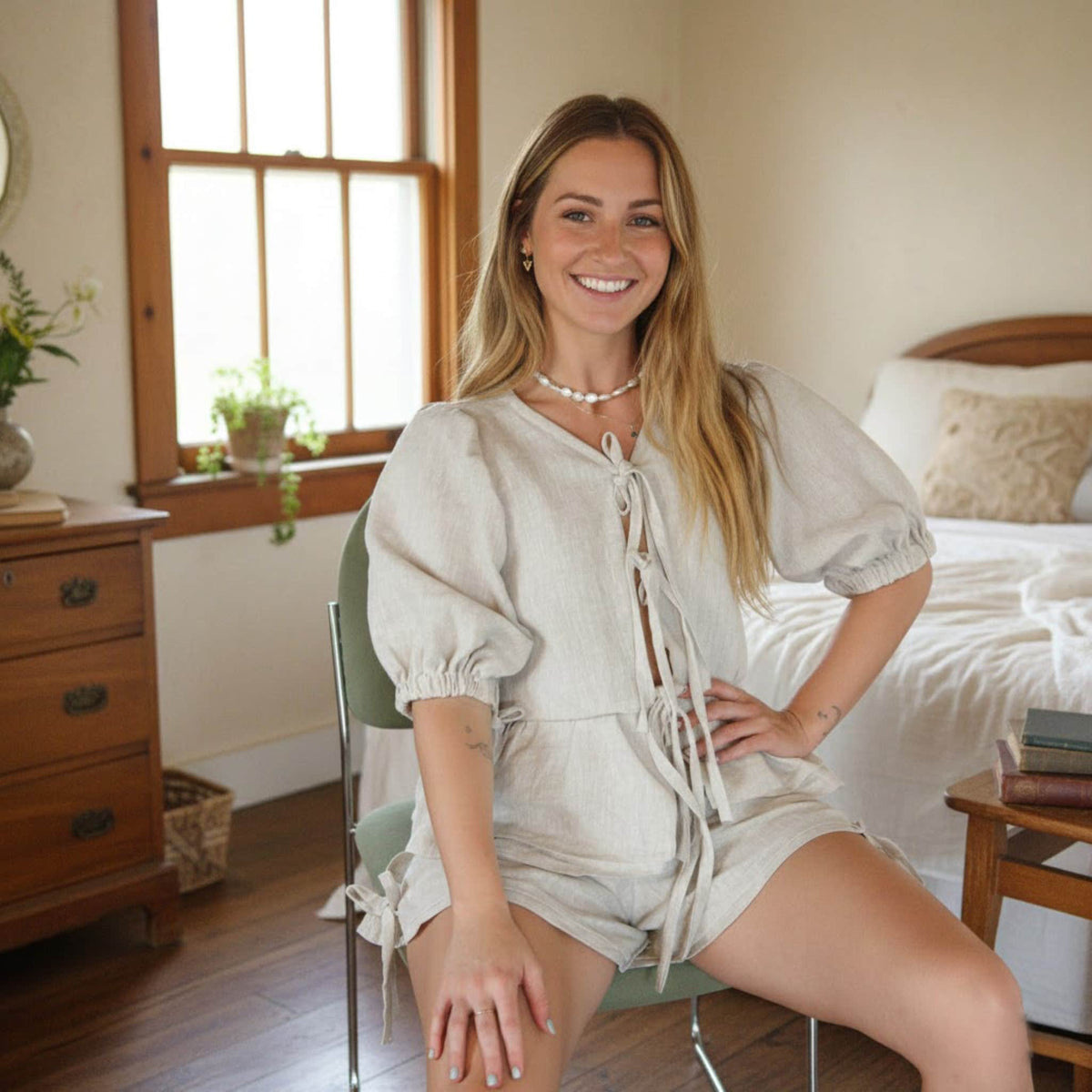 Linen Pajamas Women, Tie Front Peplum Top And Shorts Set