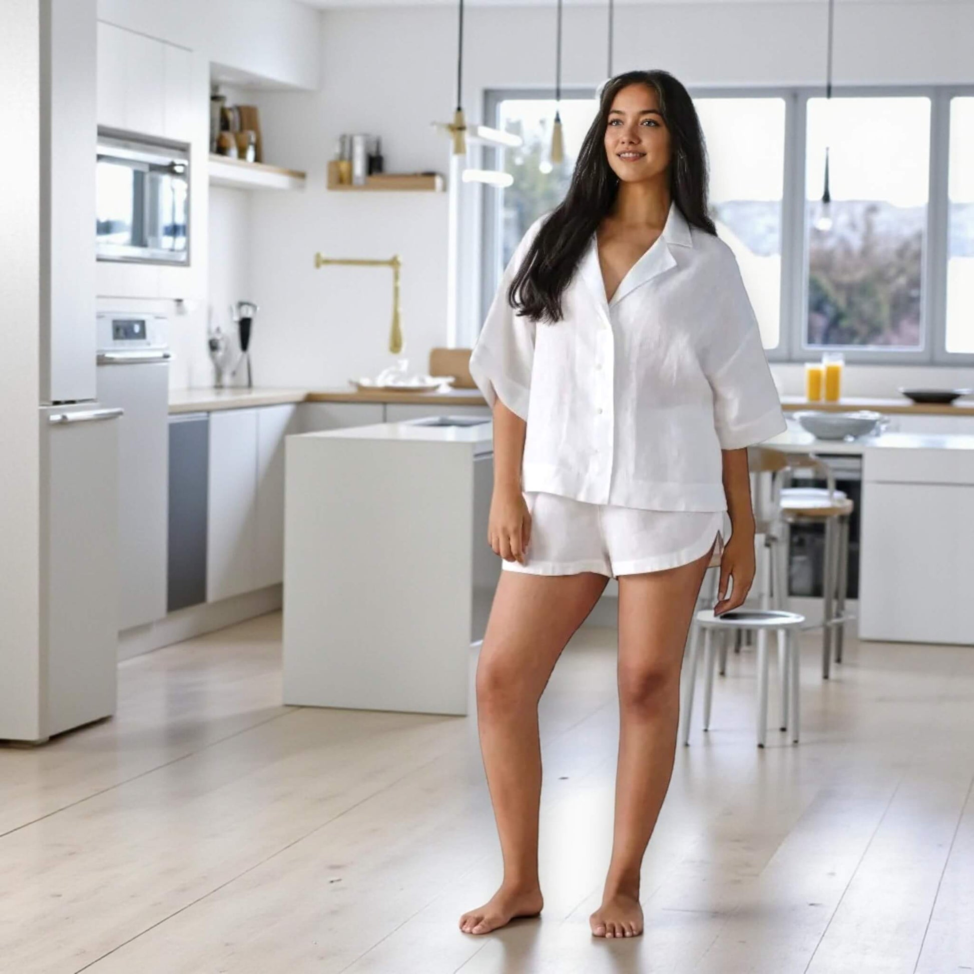 Linen Pajamas Women, Wide Sleeve Linen Shirt And Shorts Set