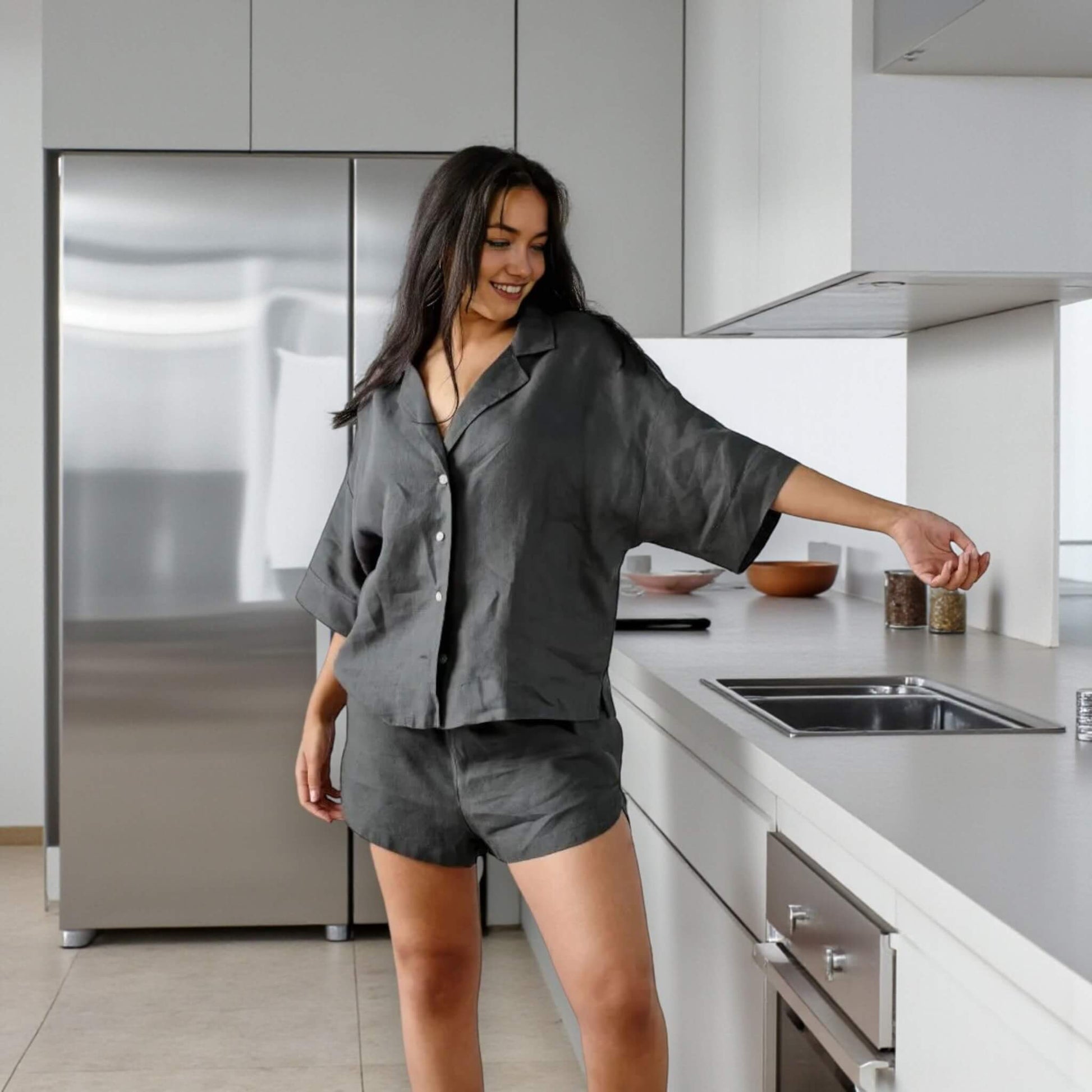 Linen Pajamas Women, Wide Sleeve Linen Shirt And Shorts Set