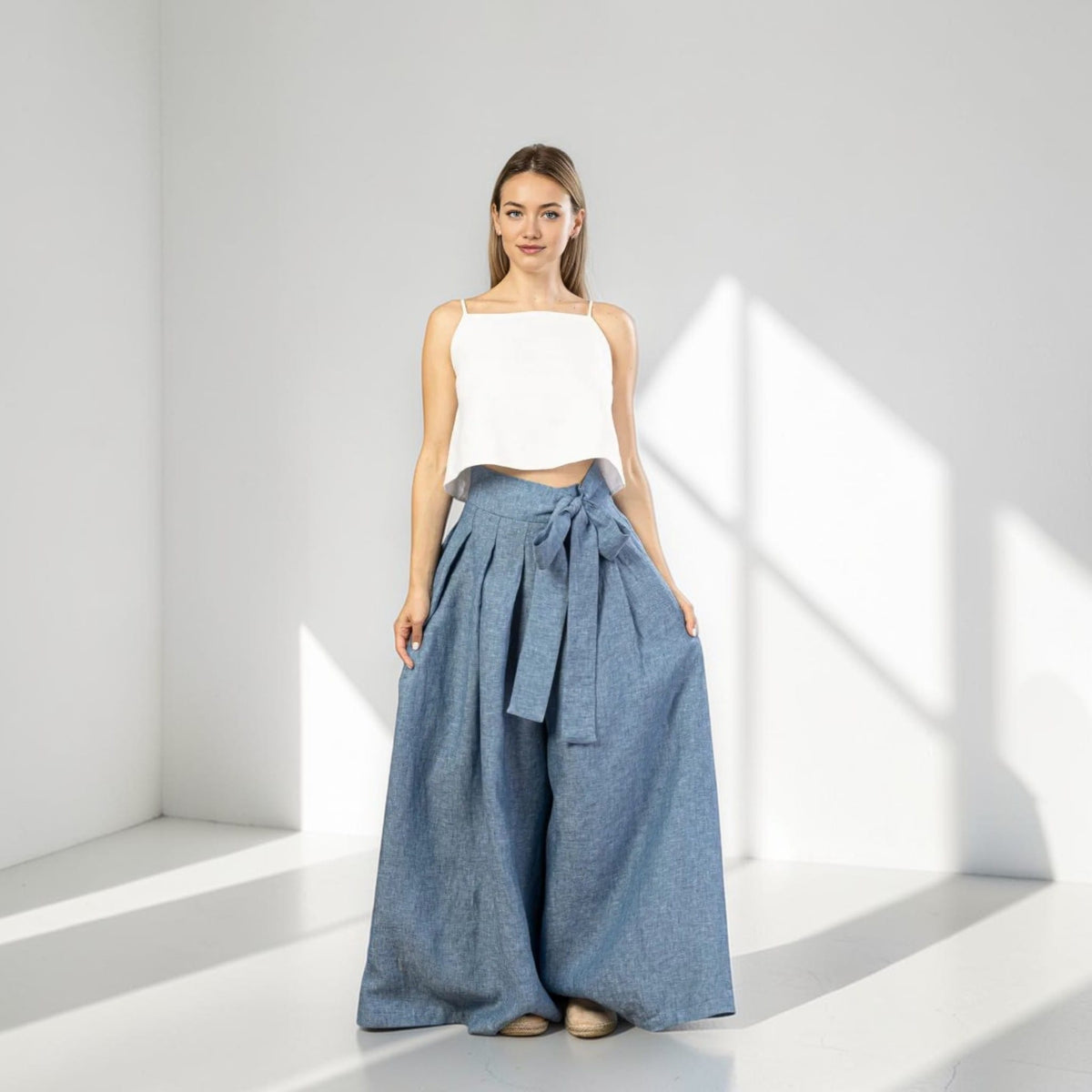 Linen Palazzo Pants, Tie Waist Linen Pants