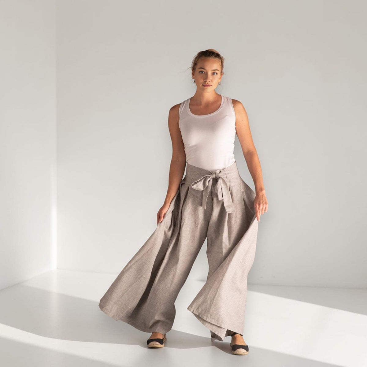Linen Palazzo Pants, Tie Waist Linen Pants