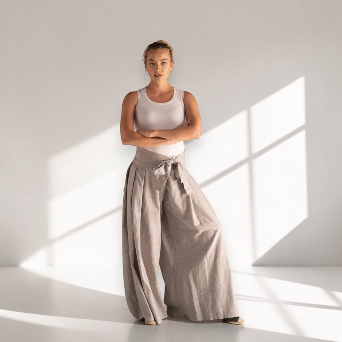 Linen Palazzo Pants, Tie Waist Linen Pants