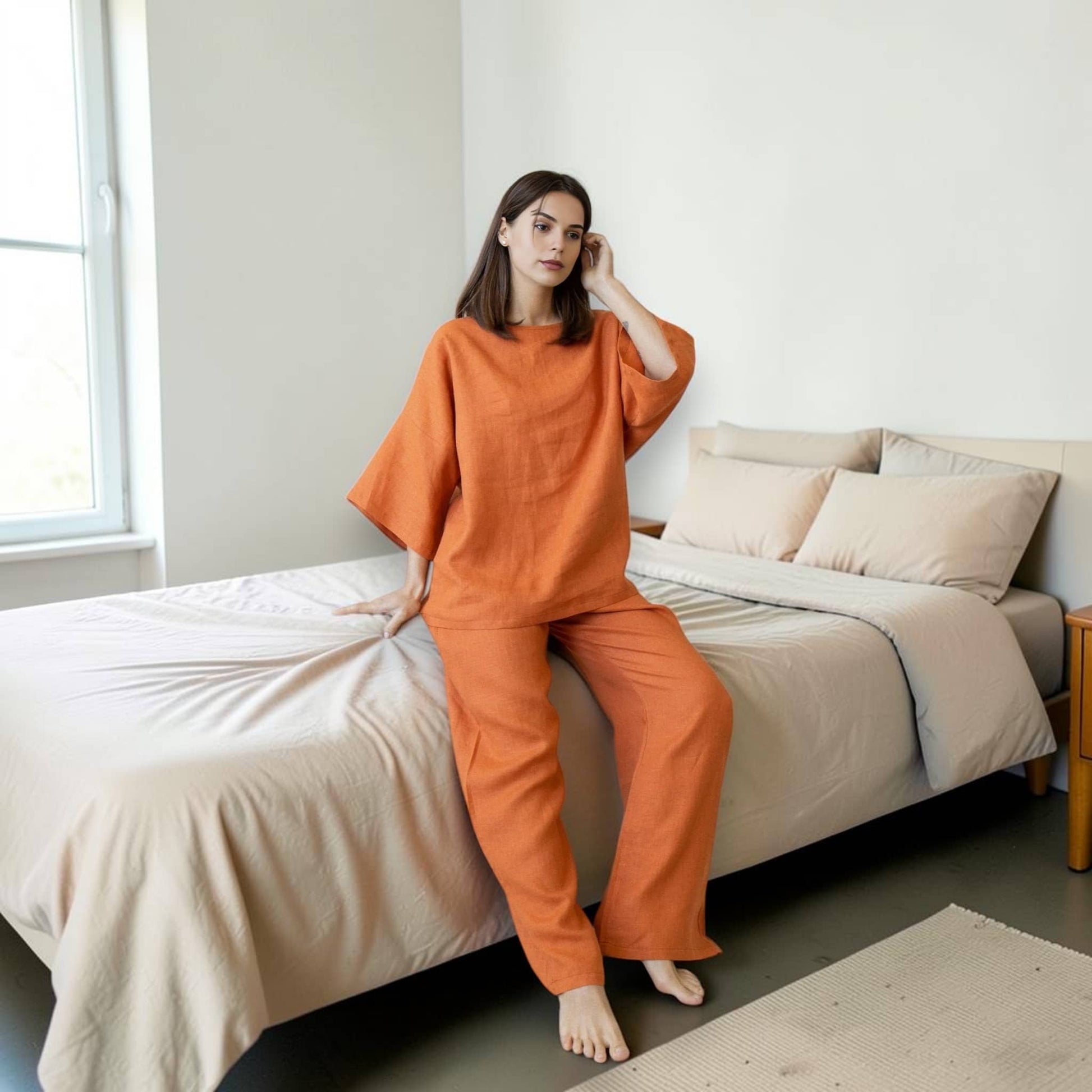 Linen Pant Set, Boxy Wide Sleeve Top And Wide Leg Pants