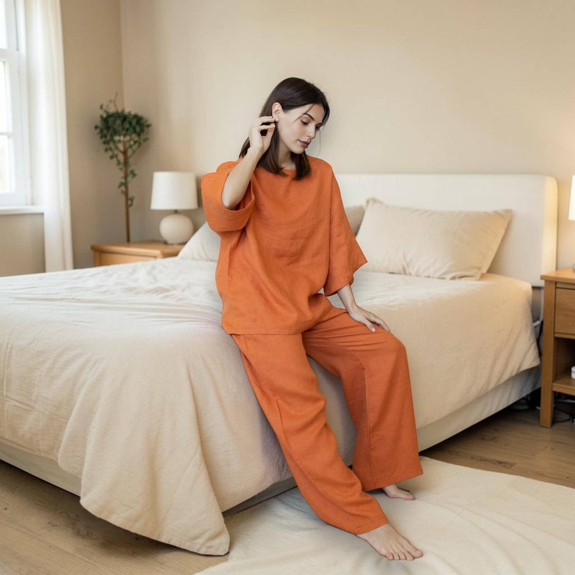 Linen Pant Set, Boxy Wide Sleeve Top And Wide Leg Pants