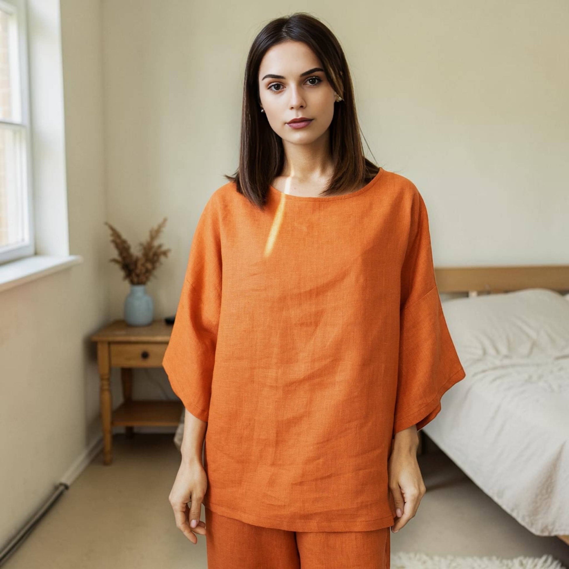 Linen Pant Set, Boxy Wide Sleeve Top And Wide Leg Pants