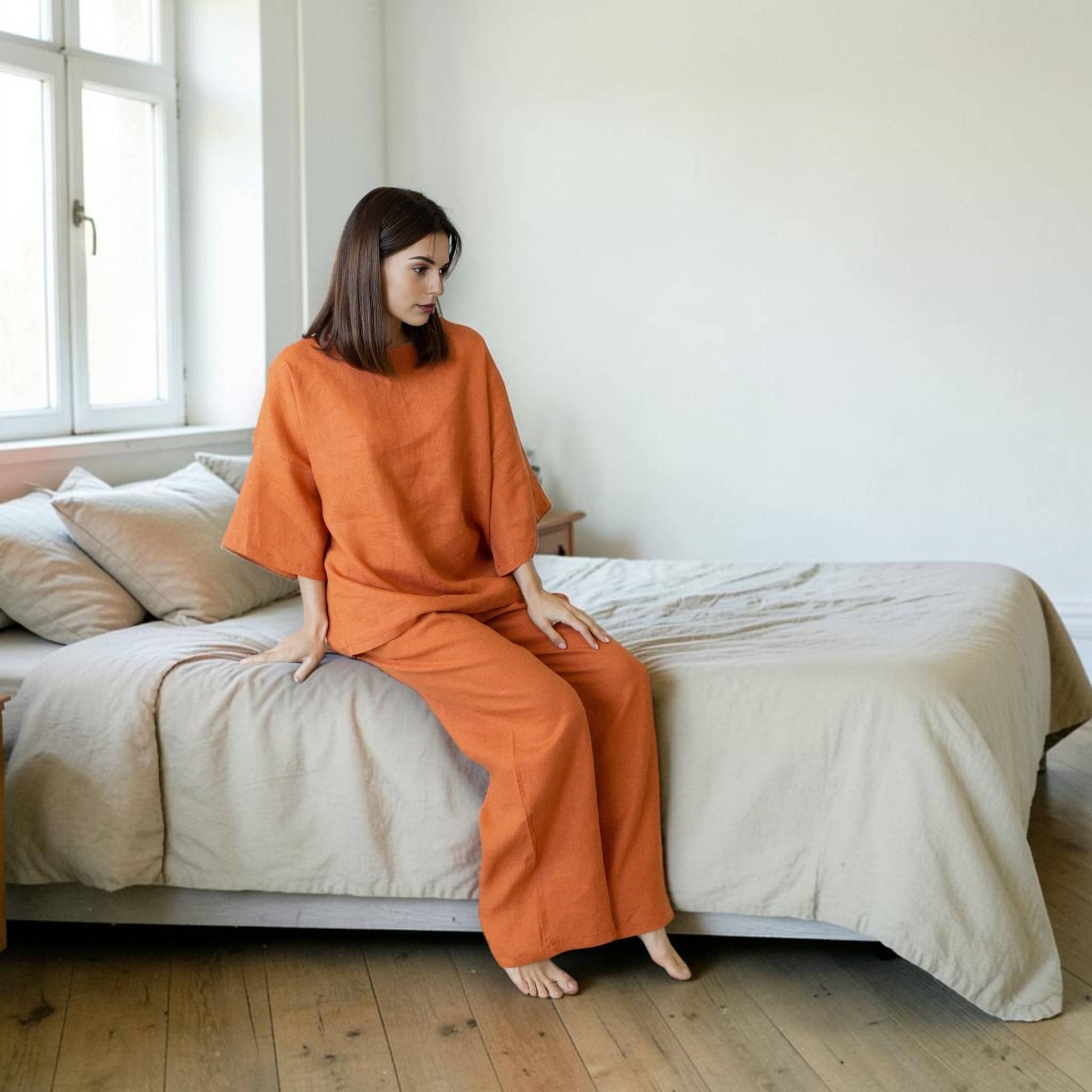 Linen Pant Set, Boxy Wide Sleeve Top And Wide Leg Pants