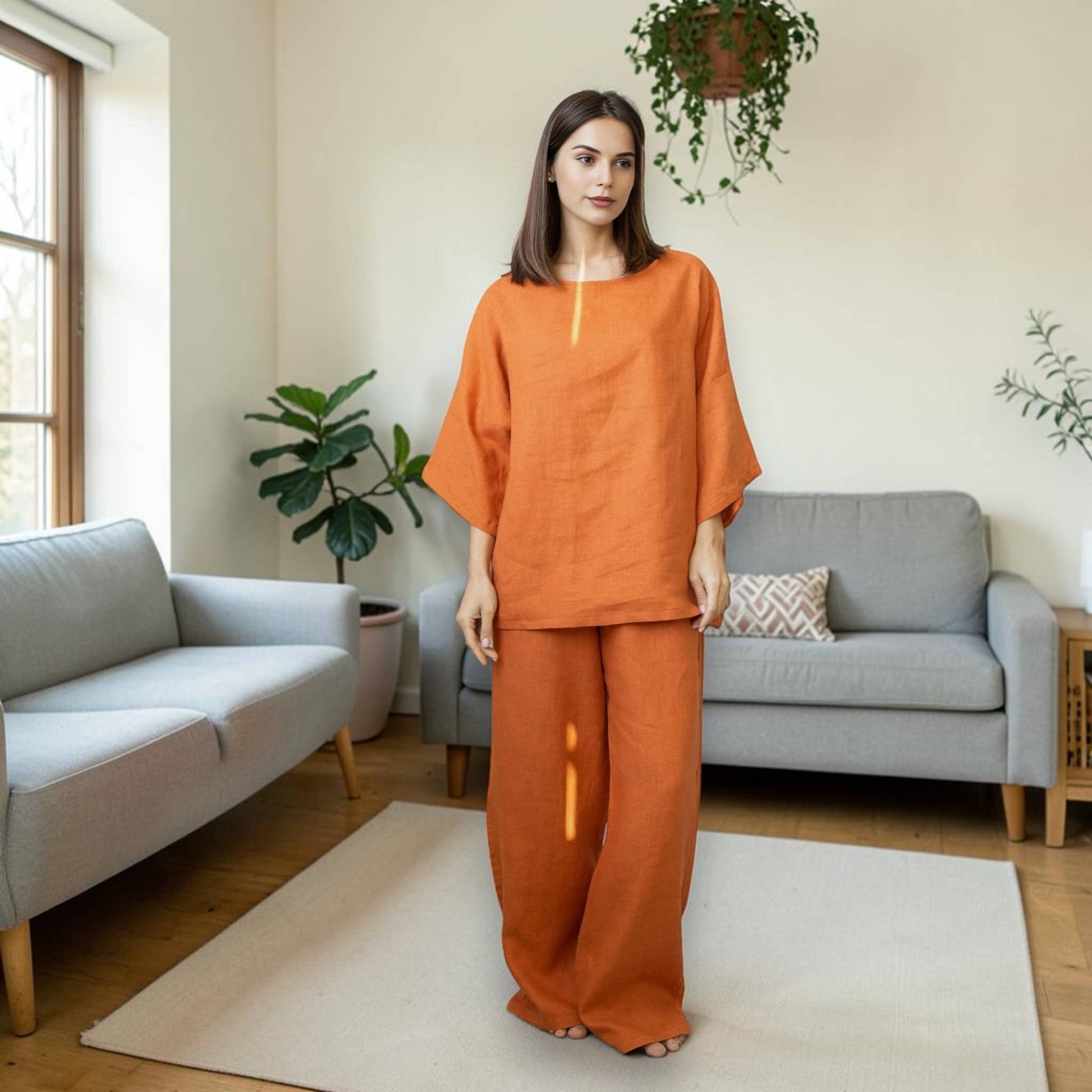 Linen Pant Set, Boxy Wide Sleeve Top And Wide Leg Pants