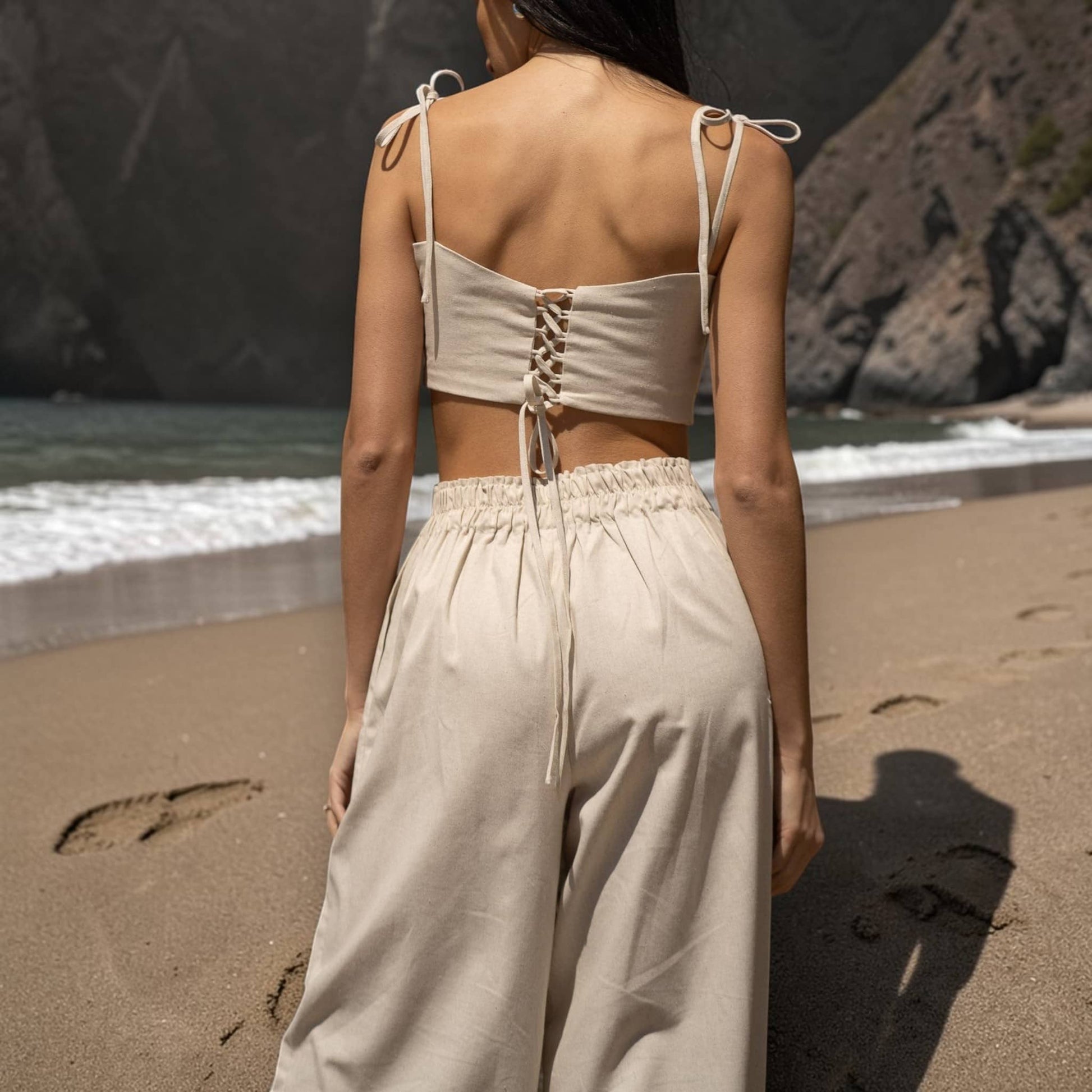 Linen Pant Set, Cami Crop Top And Wide Leg Pants Set