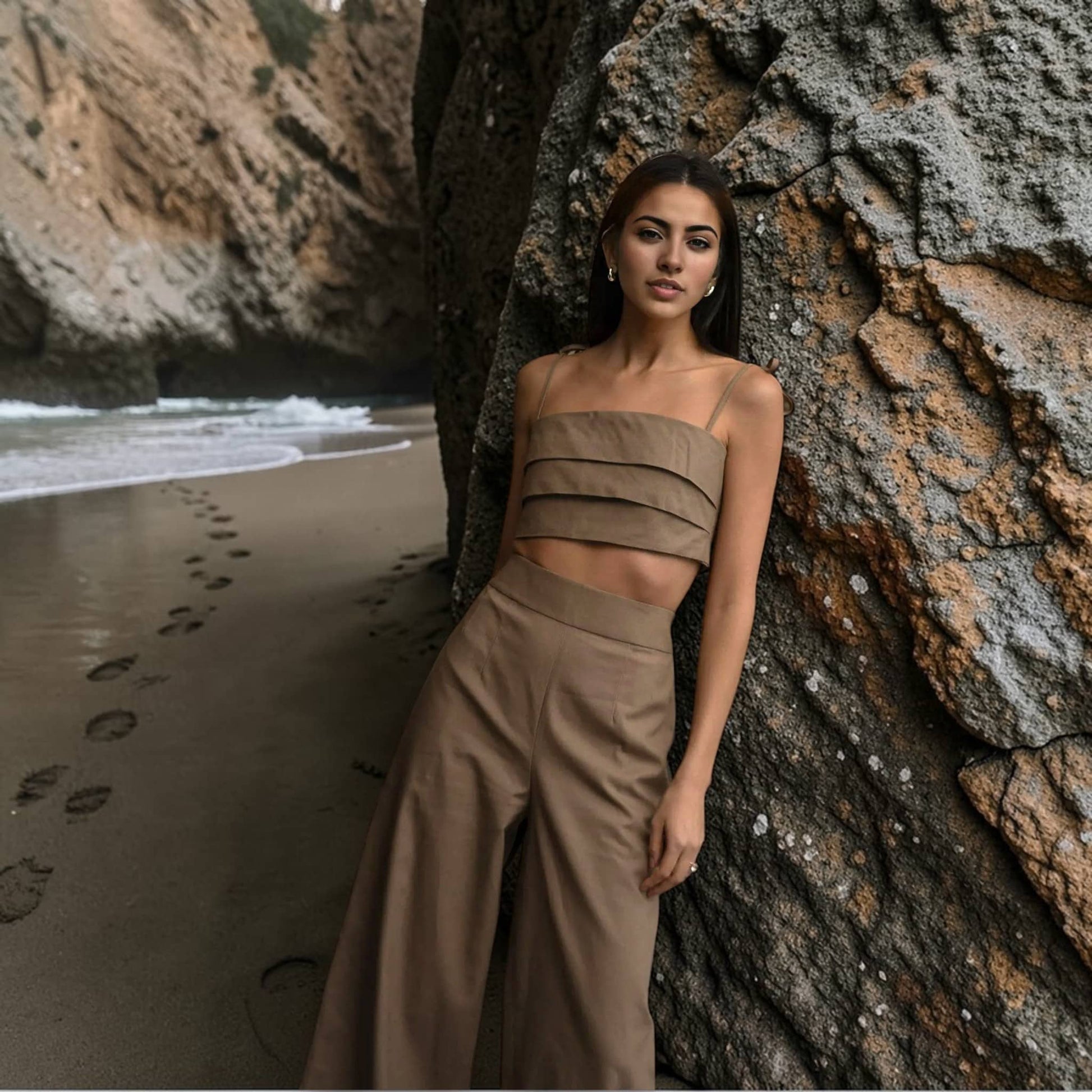 Linen Pant Set, Cami Crop Top And Wide Leg Pants Set