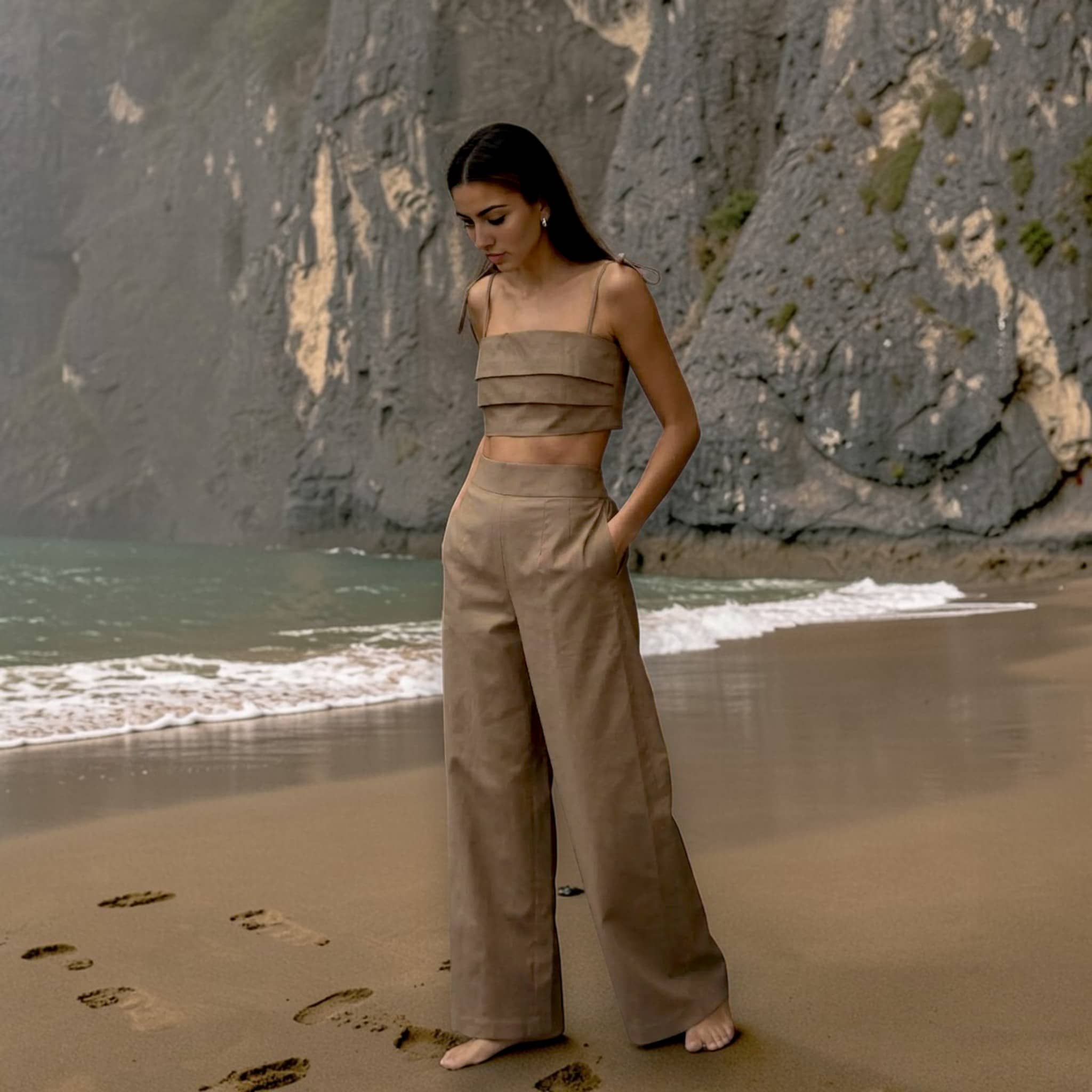 Linen Pant Set, Cami Crop Top And Wide Leg Pants Set