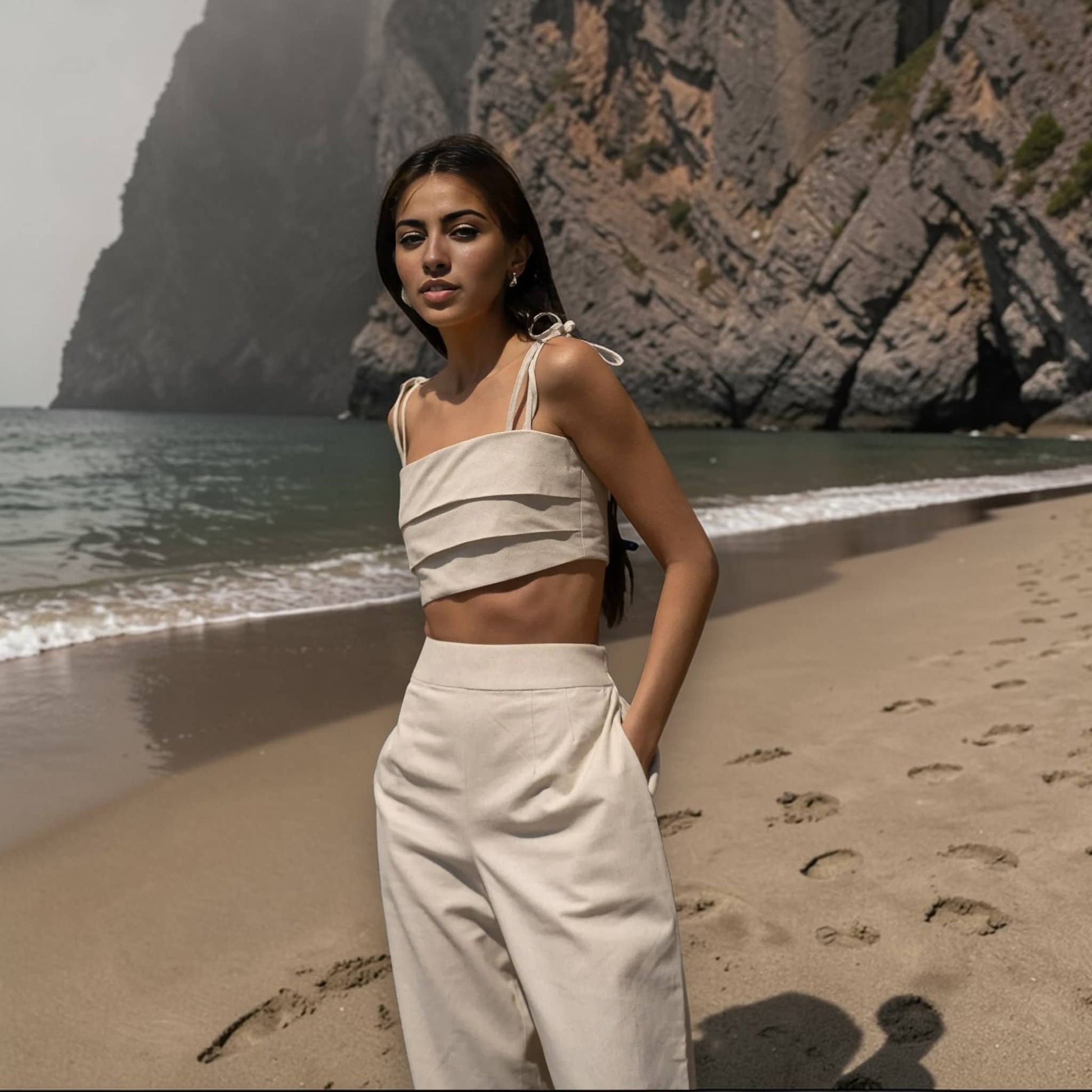 Linen Pant Set, Cami Crop Top And Wide Leg Pants Set