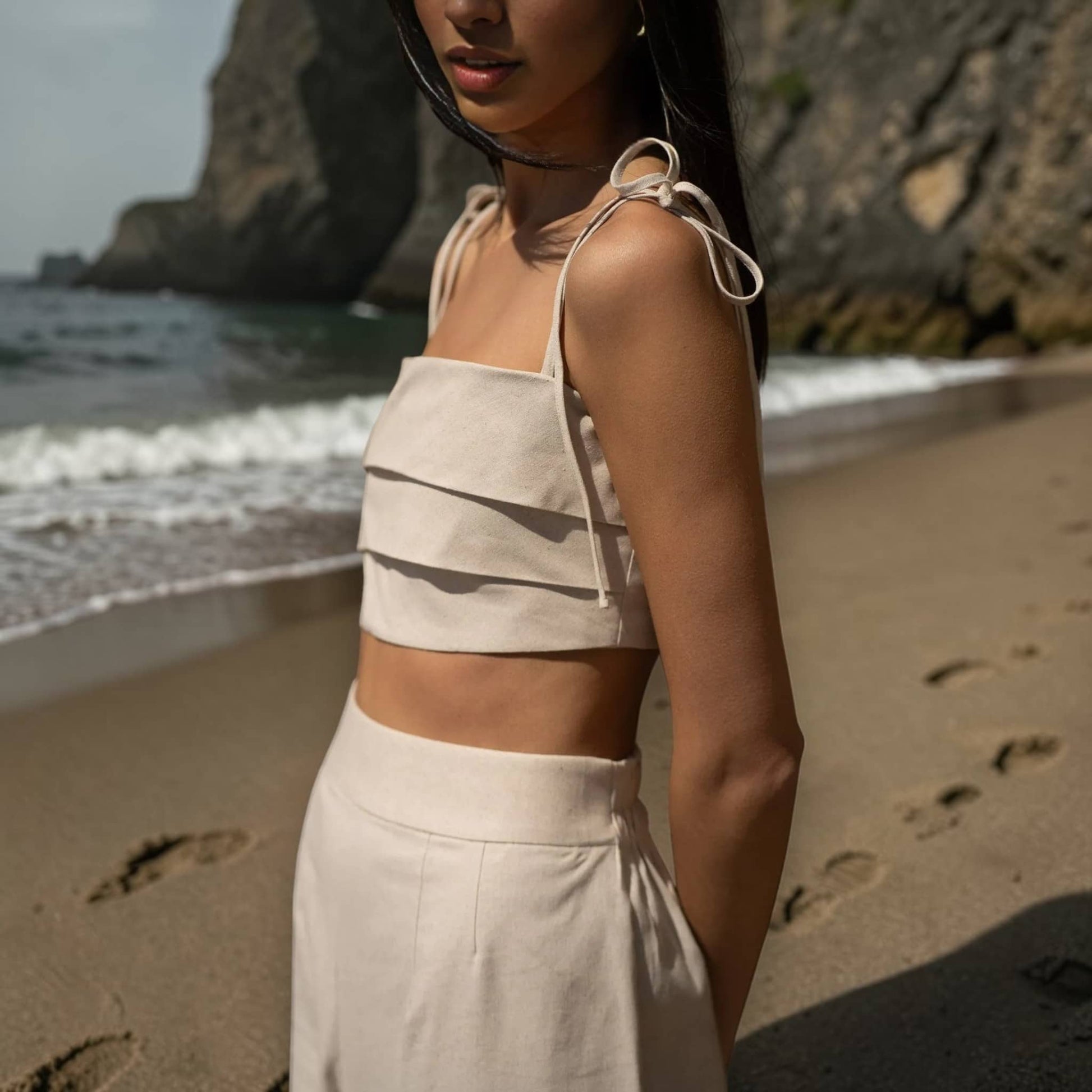 Linen Pant Set, Cami Crop Top And Wide Leg Pants Set