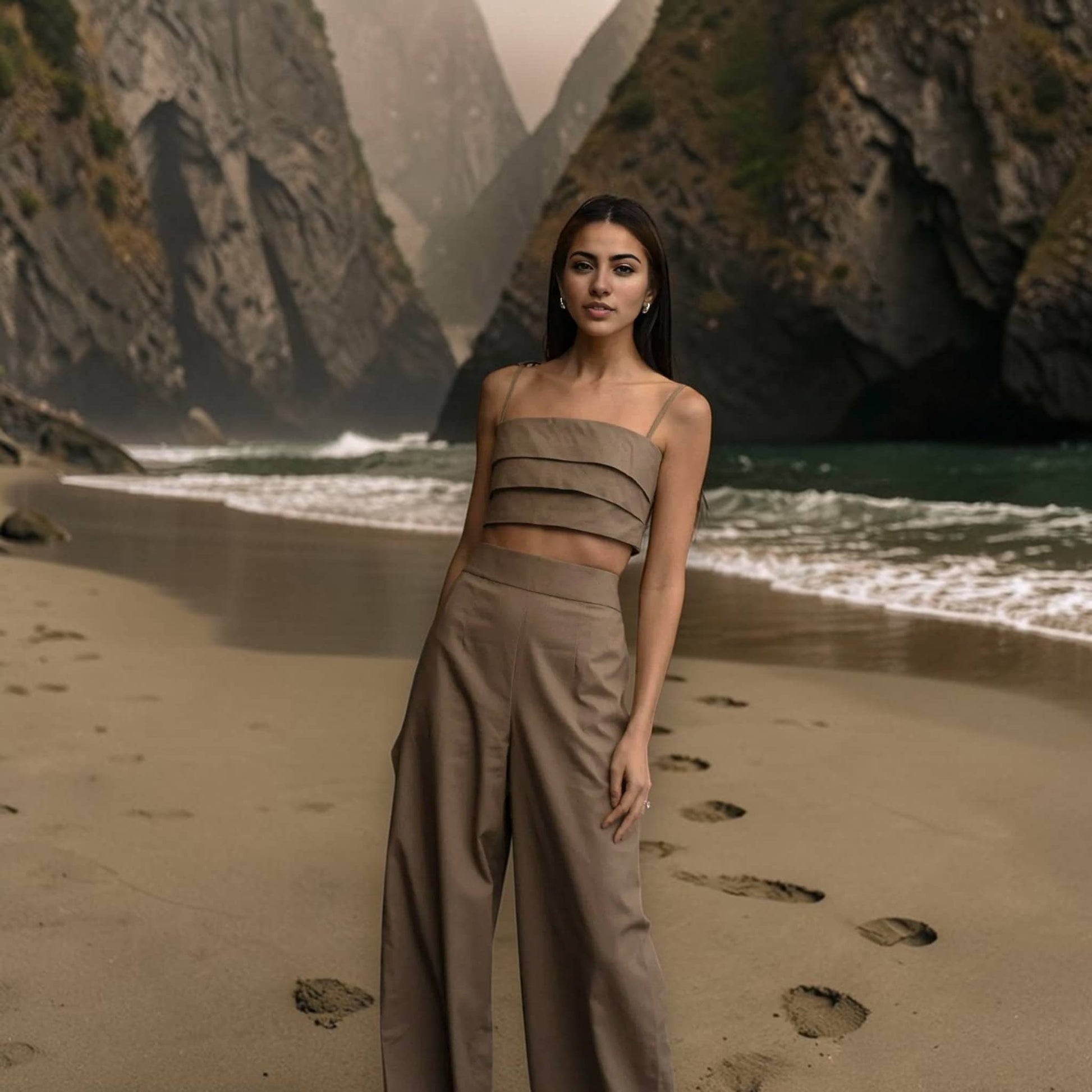 Linen Pant Set, Cami Crop Top And Wide Leg Pants Set