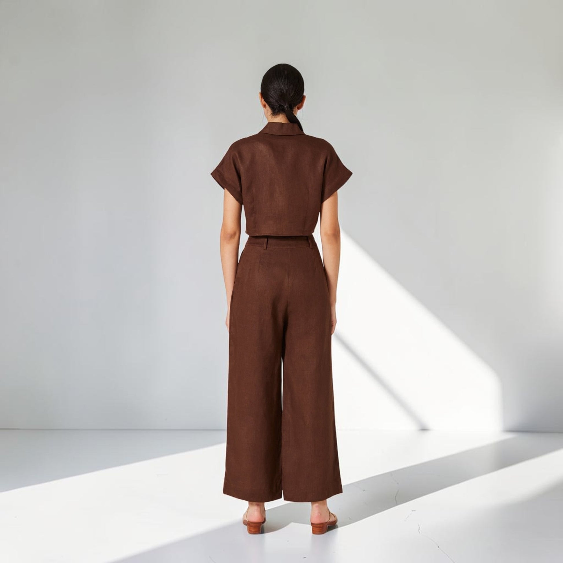 Linen Pant Set, Cropped Notched Collar Shirt And Wide Leg Pants