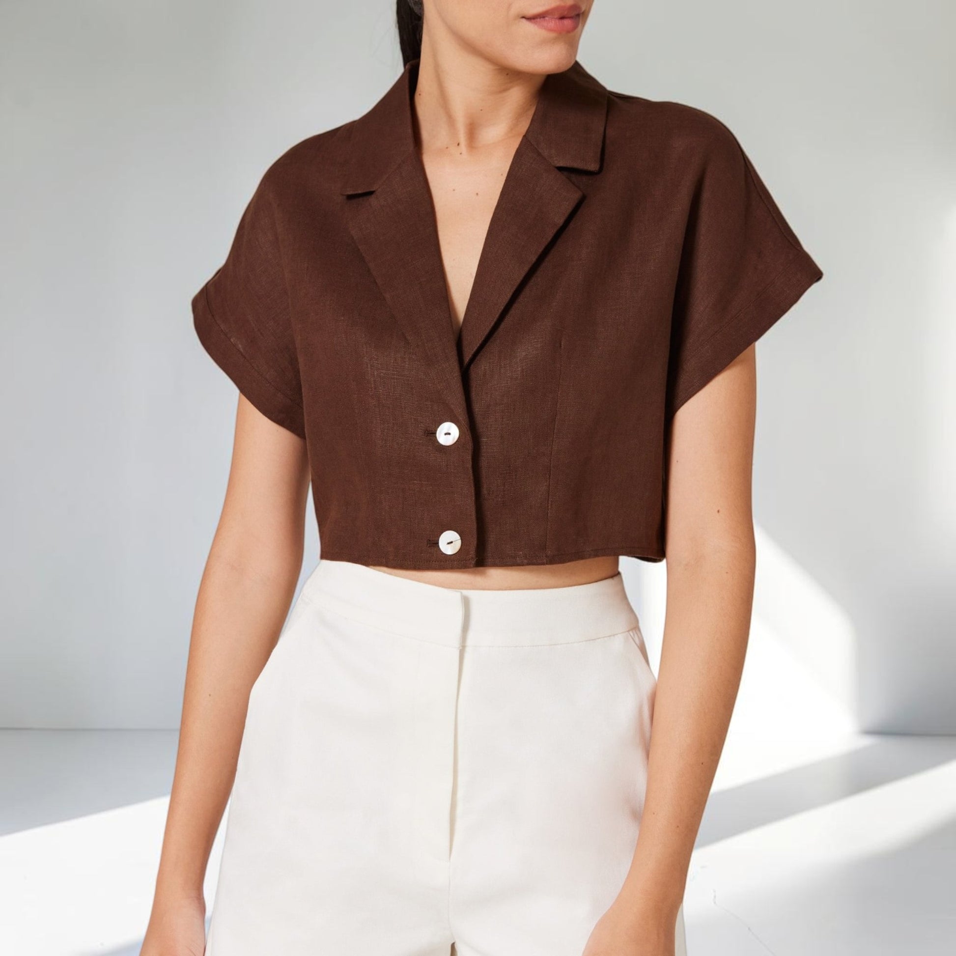 Linen Pant Set, Cropped Notched Collar Shirt And Wide Leg Pants