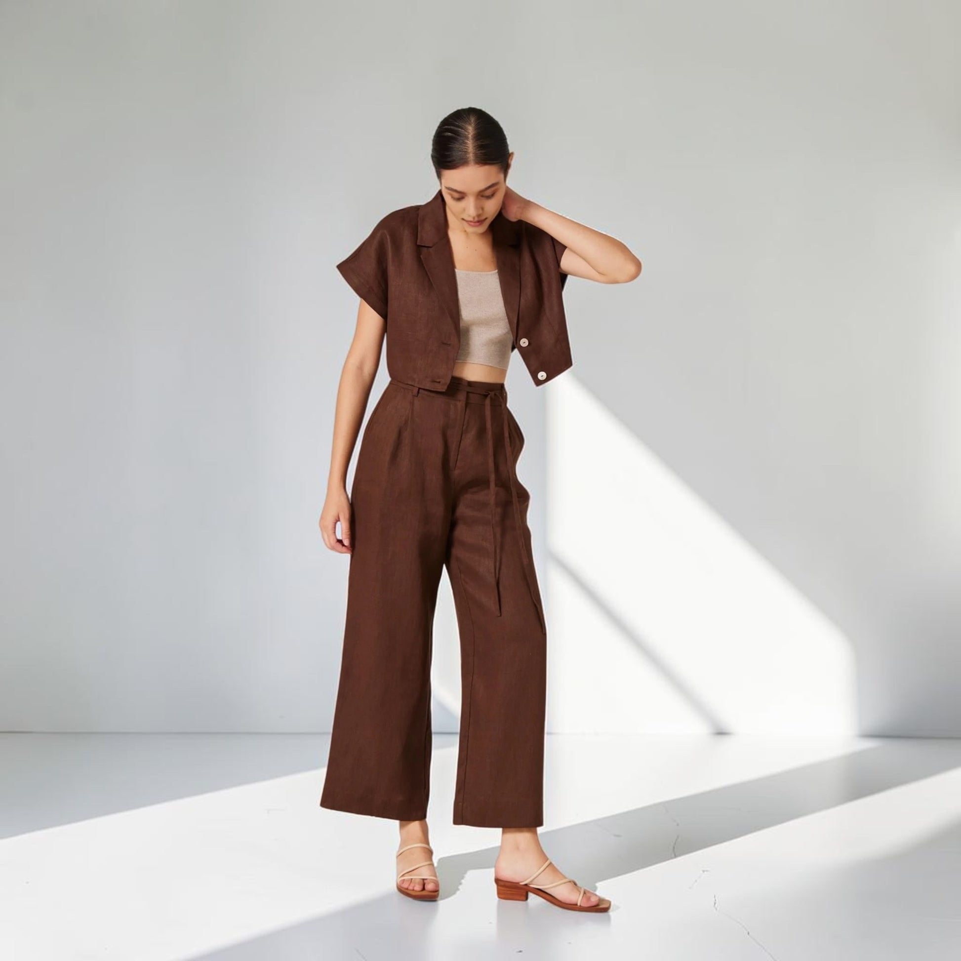 Linen Pant Set, Cropped Notched Collar Shirt And Wide Leg Pants