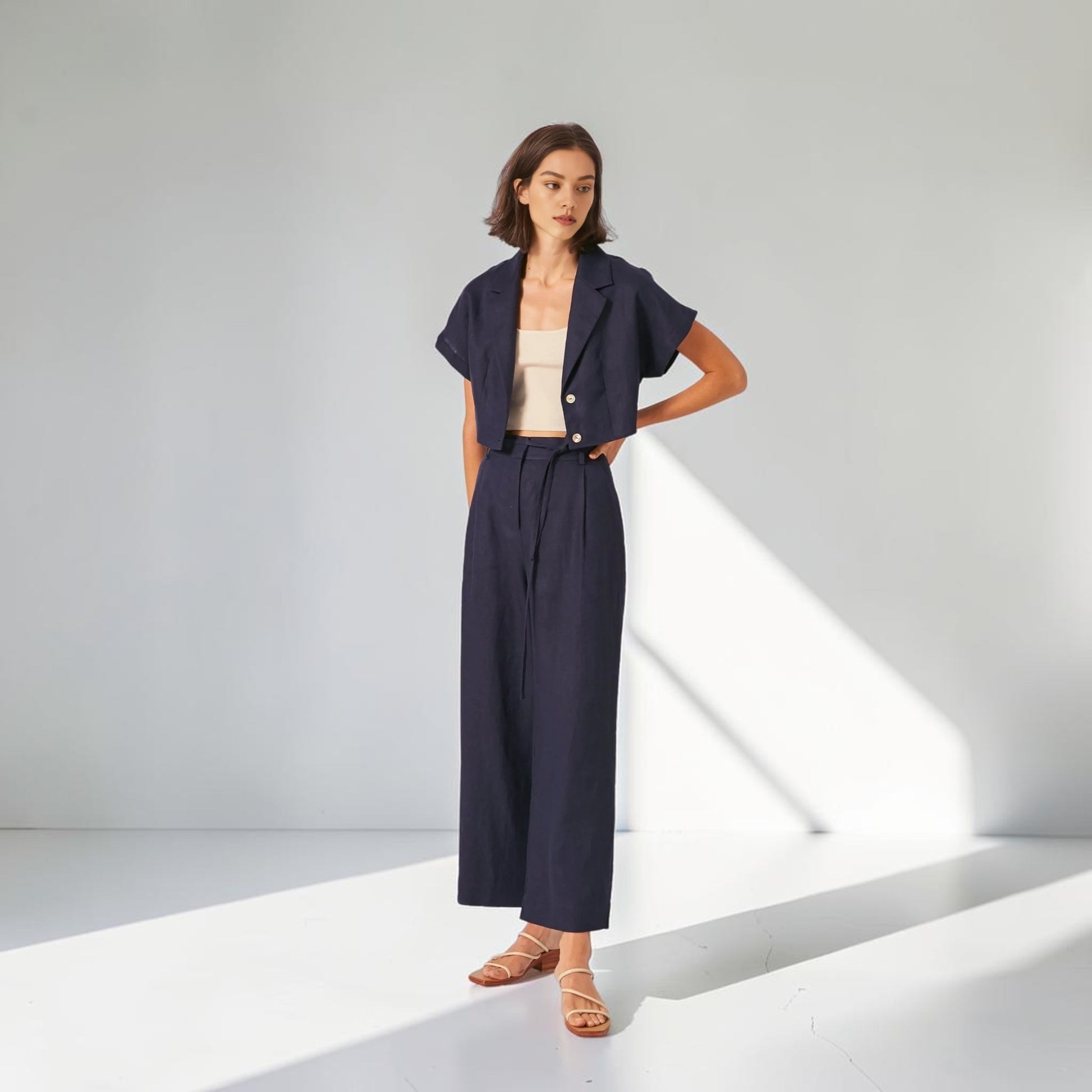 Linen Pant Set, Cropped Notched Collar Shirt And Wide Leg Pants