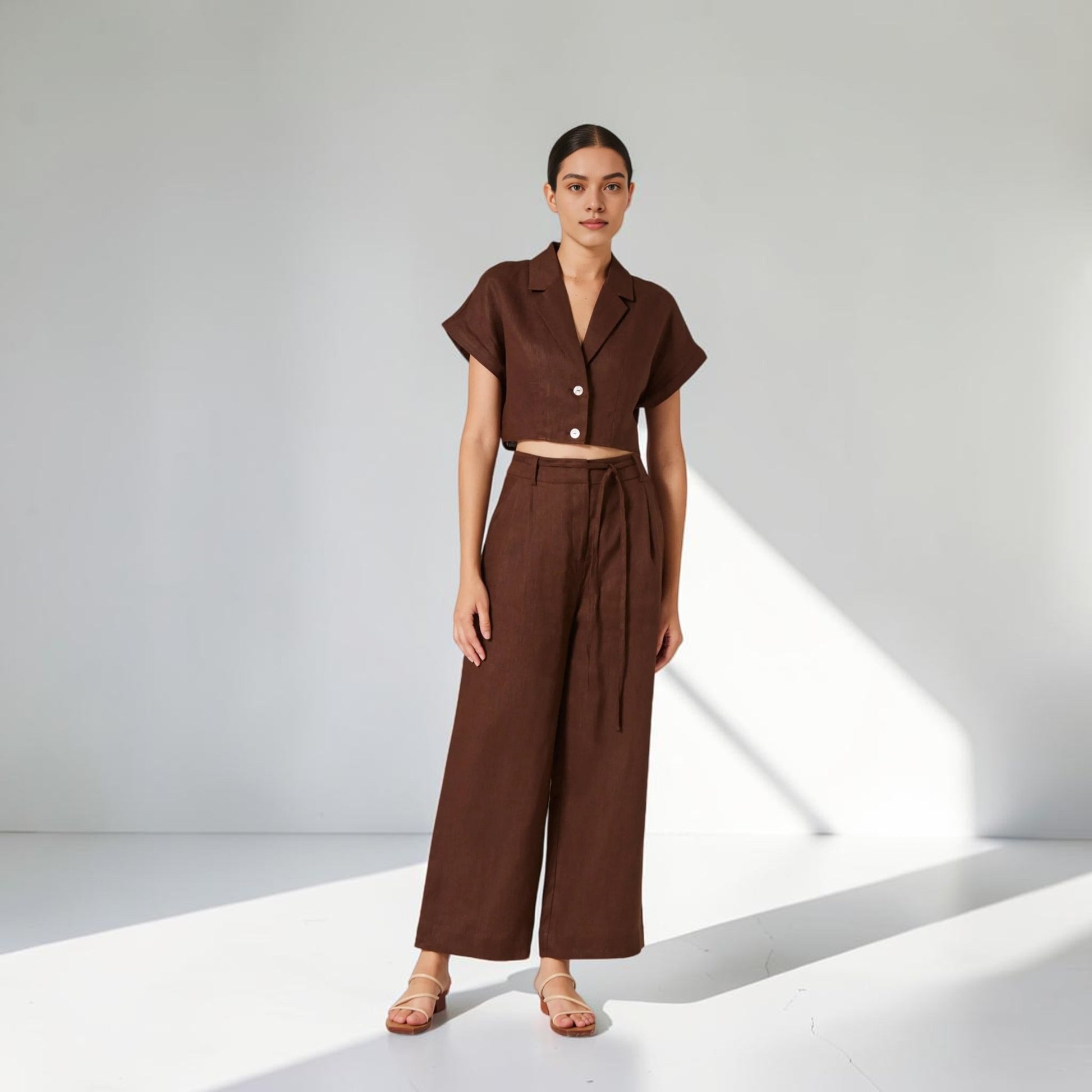 Linen Pant Set, Cropped Notched Collar Shirt And Wide Leg Pants