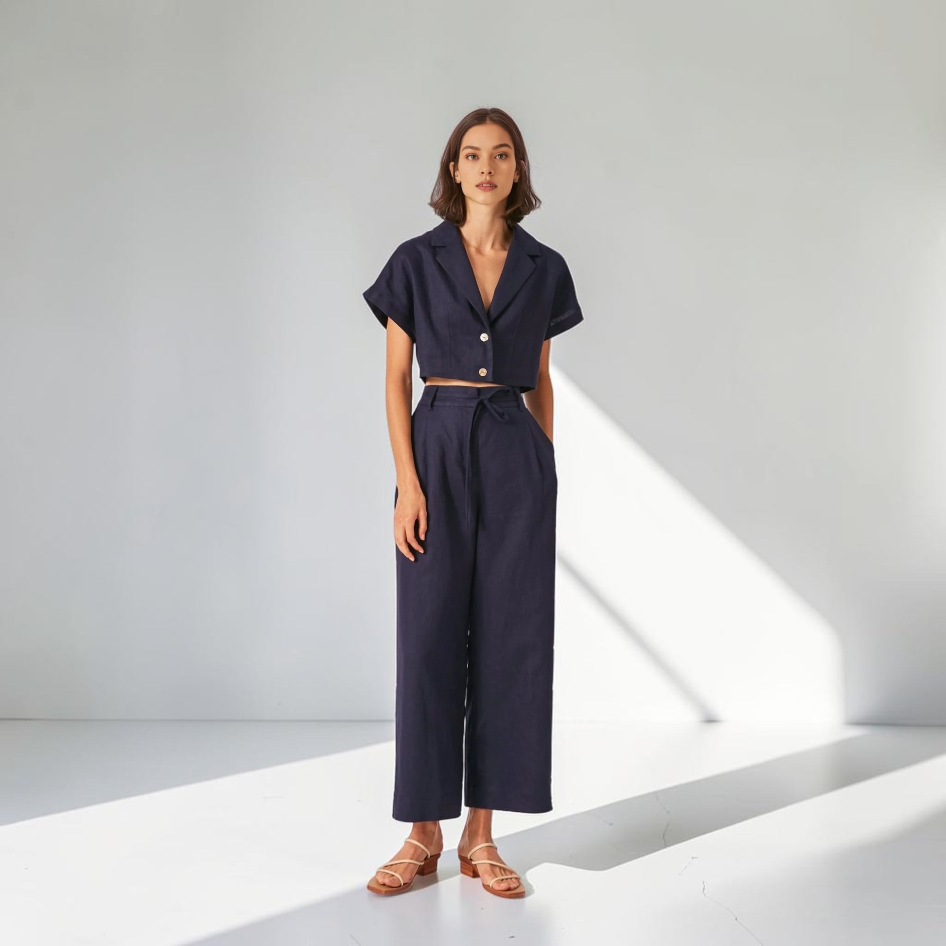 Linen Pant Set, Cropped Notched Collar Shirt And Wide Leg Pants