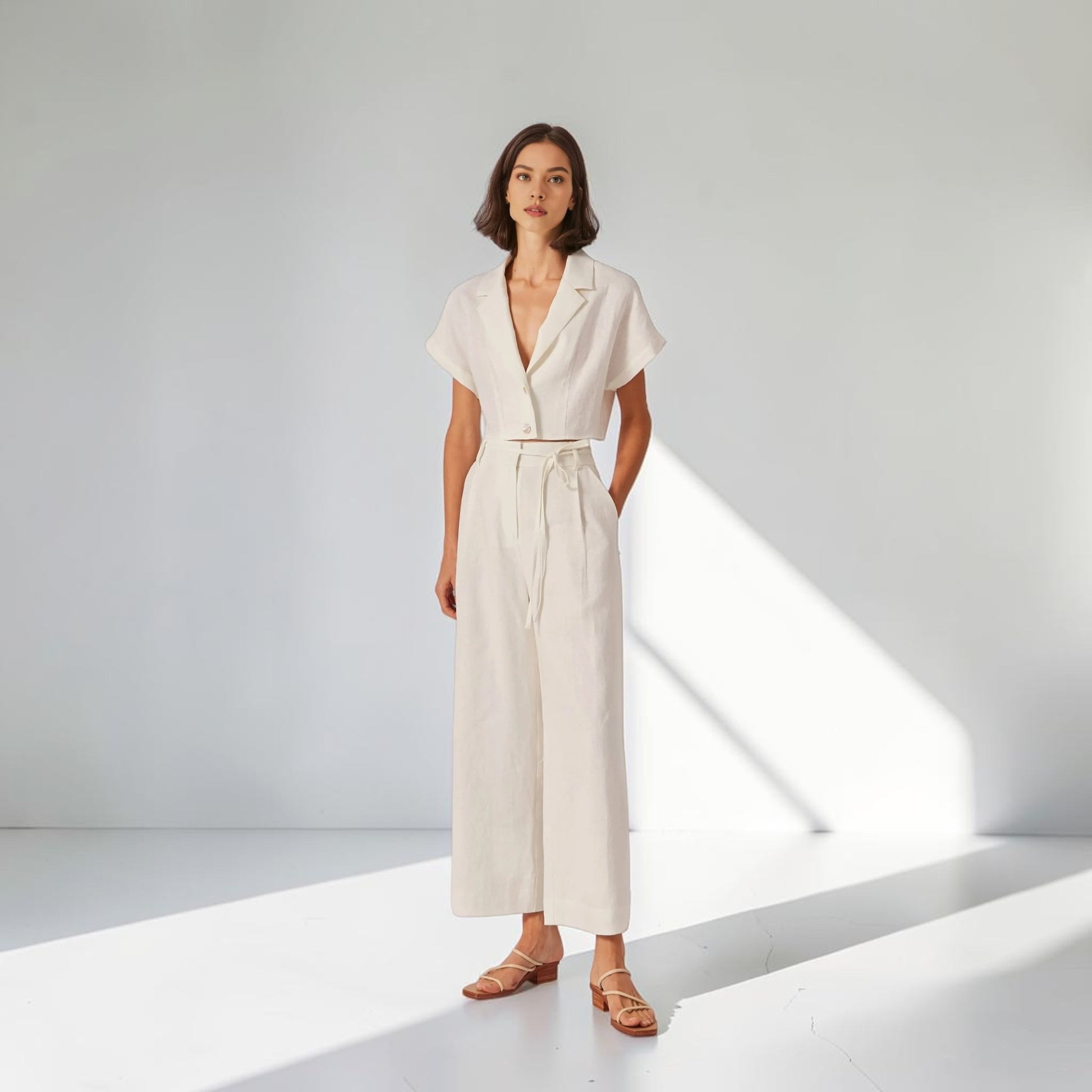 Linen Pant Set, Cropped Notched Collar Shirt And Wide Leg Pants