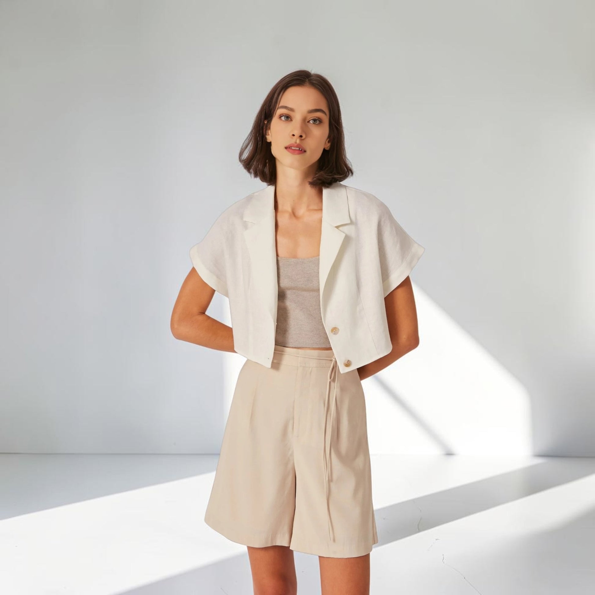 Linen Pant Set, Cropped Notched Collar Shirt And Wide Leg Pants