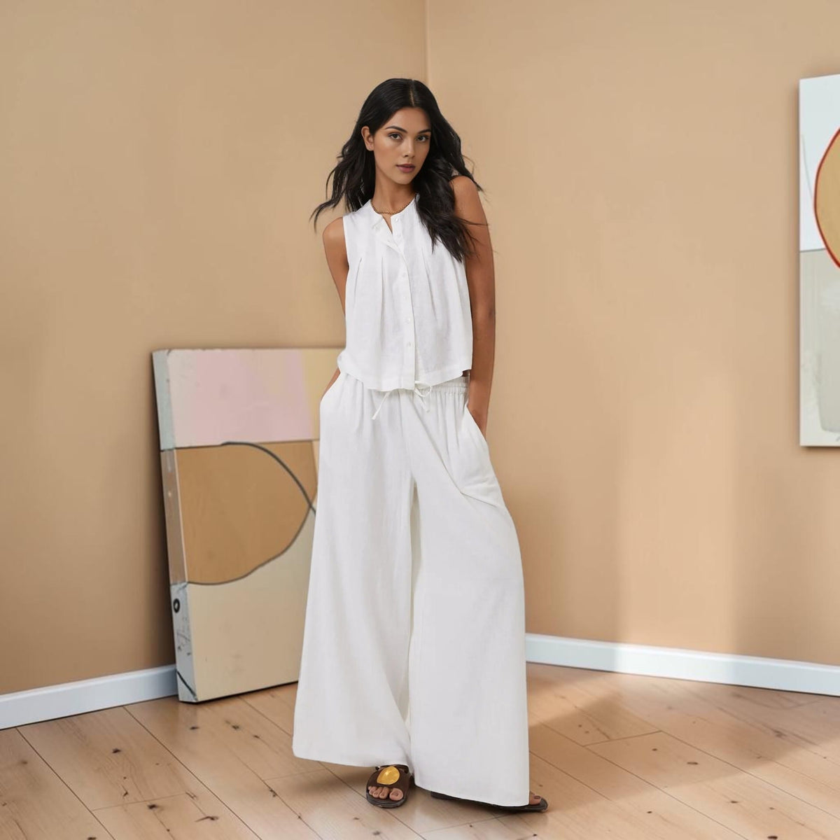 Linen Pant Set, Sleeveless Button Front Top And Wide Leg Pants