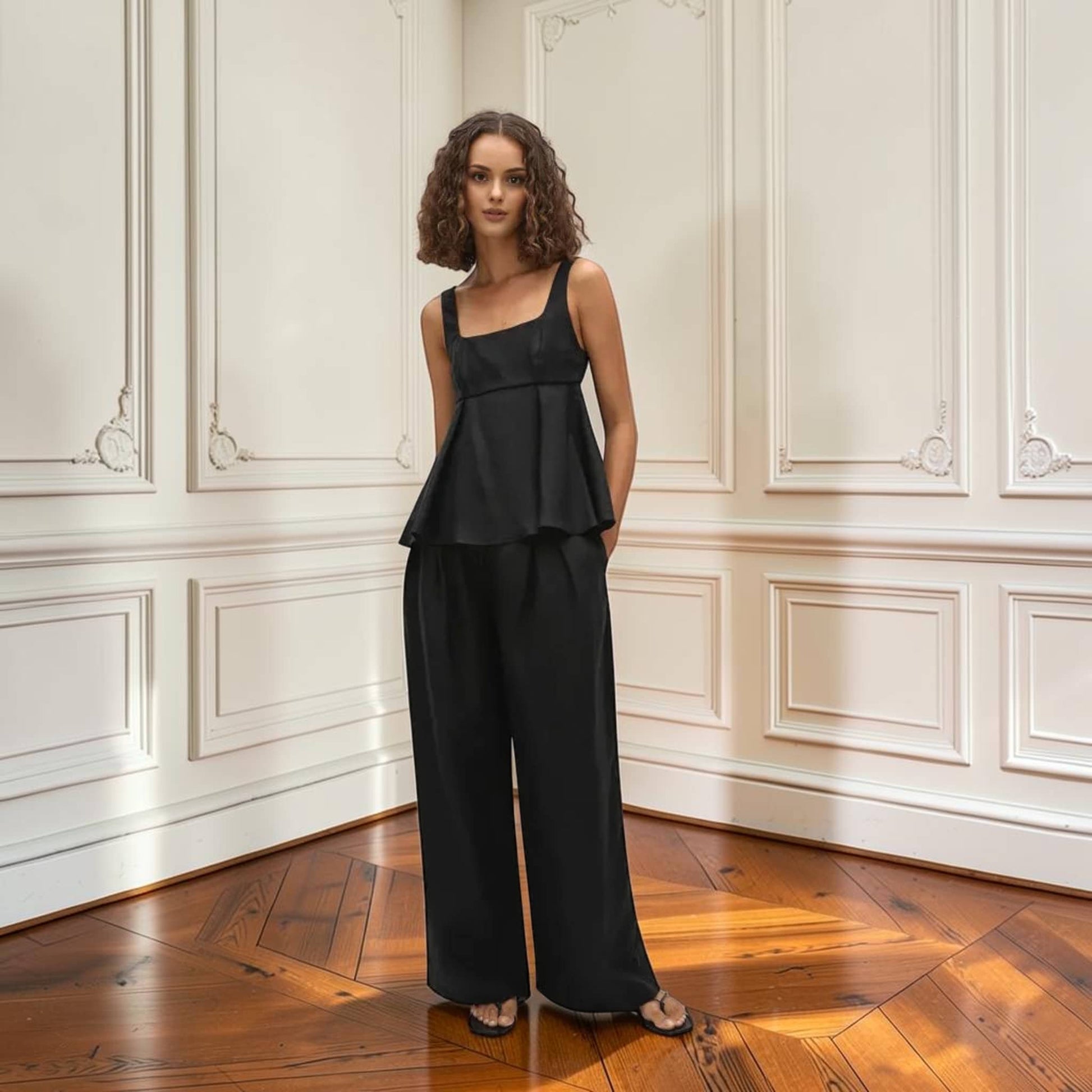 Linen Pant Set, Square Neck Peplum Top And Wide Leg Pants