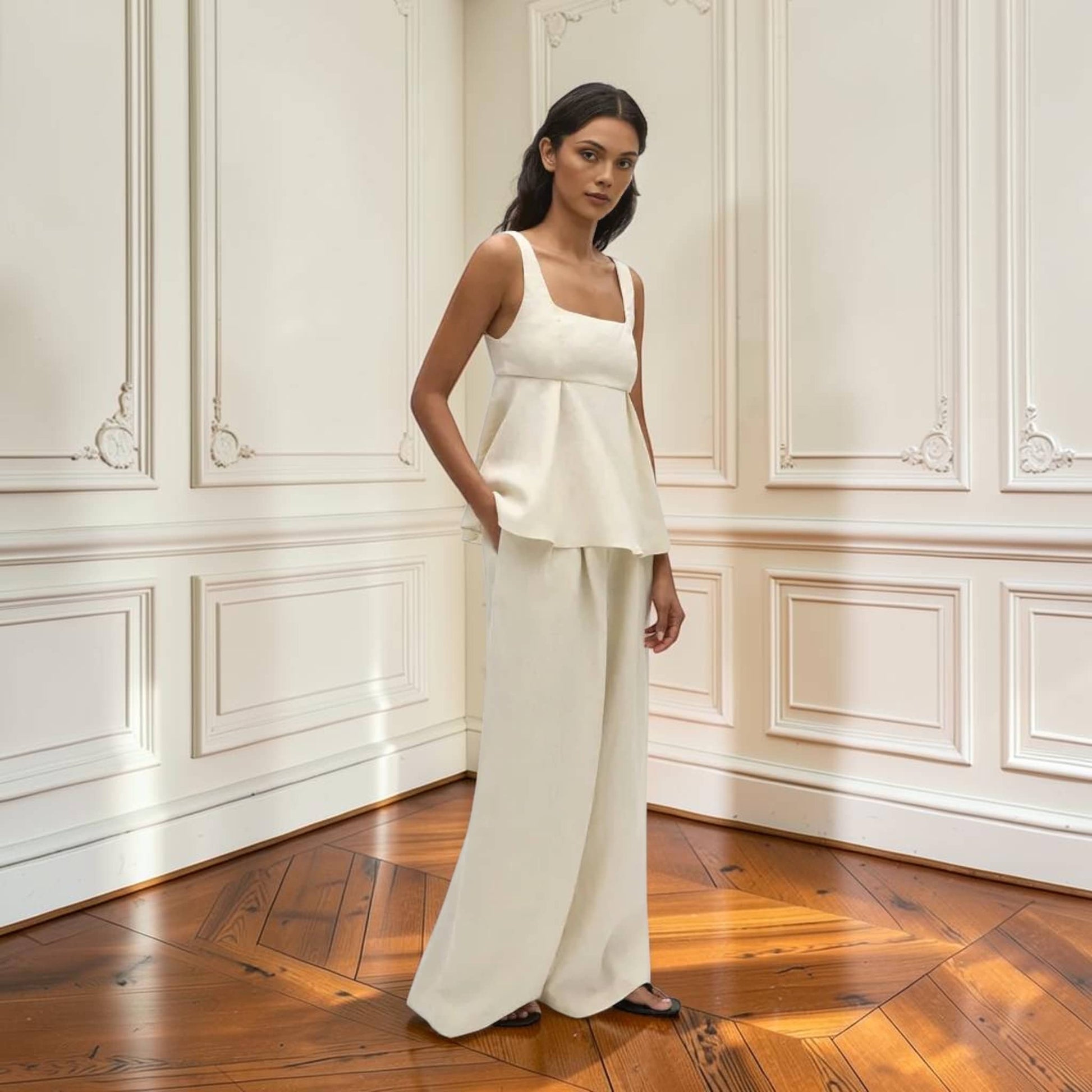 Linen Pant Set, Square Neck Peplum Top And Wide Leg Pants