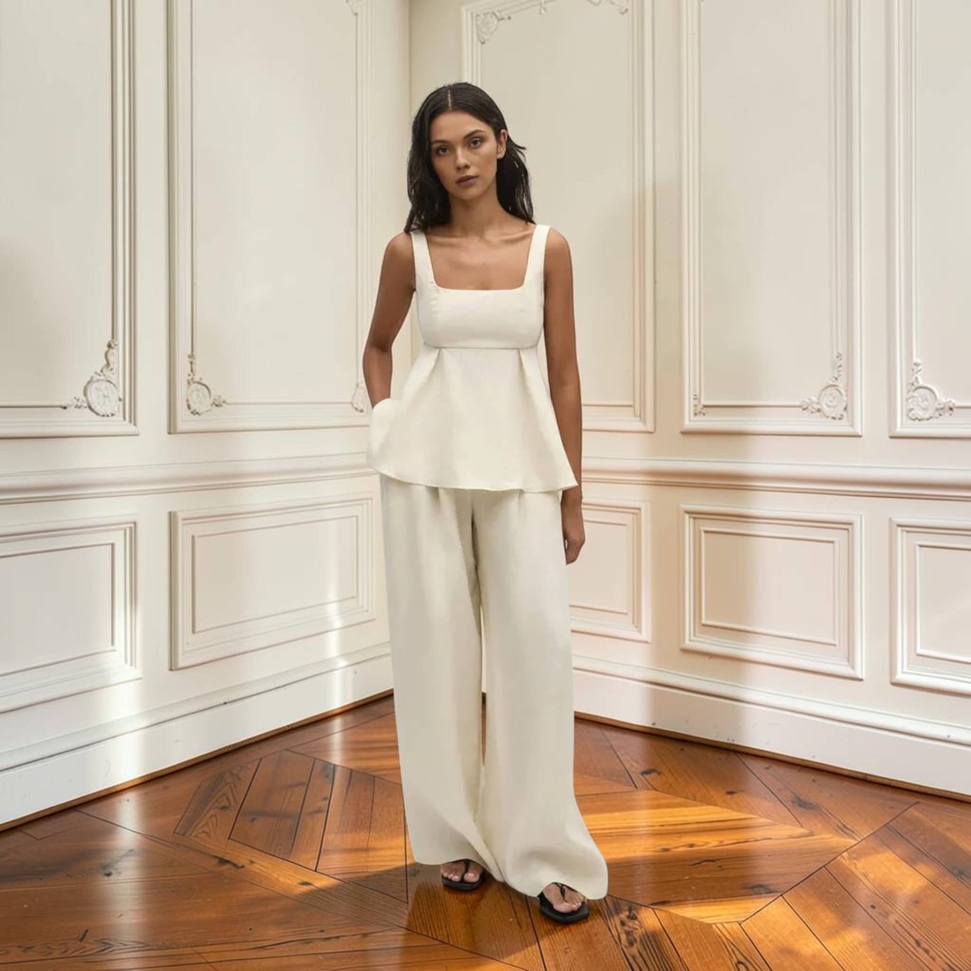 Linen Pant Set, Square Neck Peplum Top And Wide Leg Pants