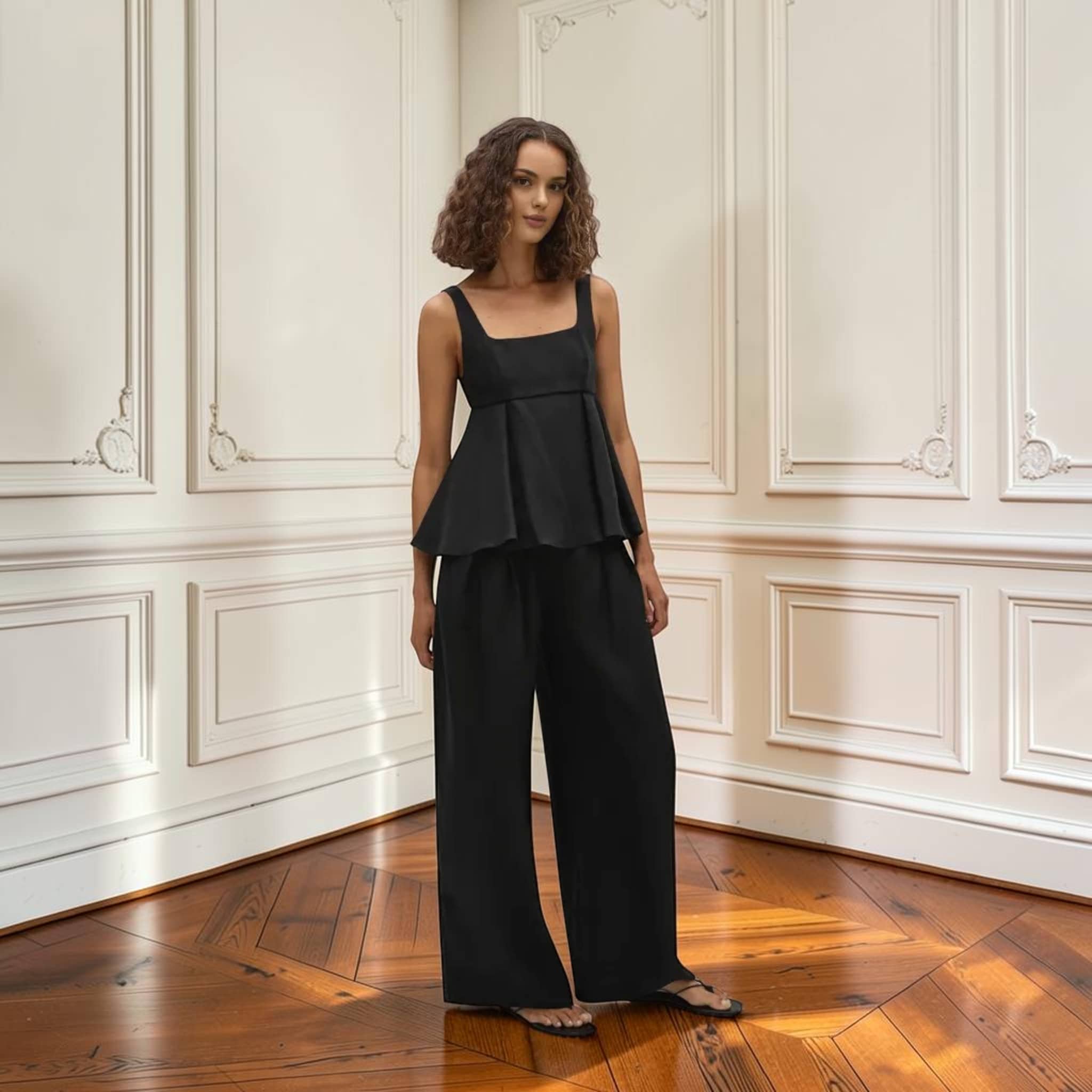 Linen Pant Set, Square Neck Peplum Top And Wide Leg Pants