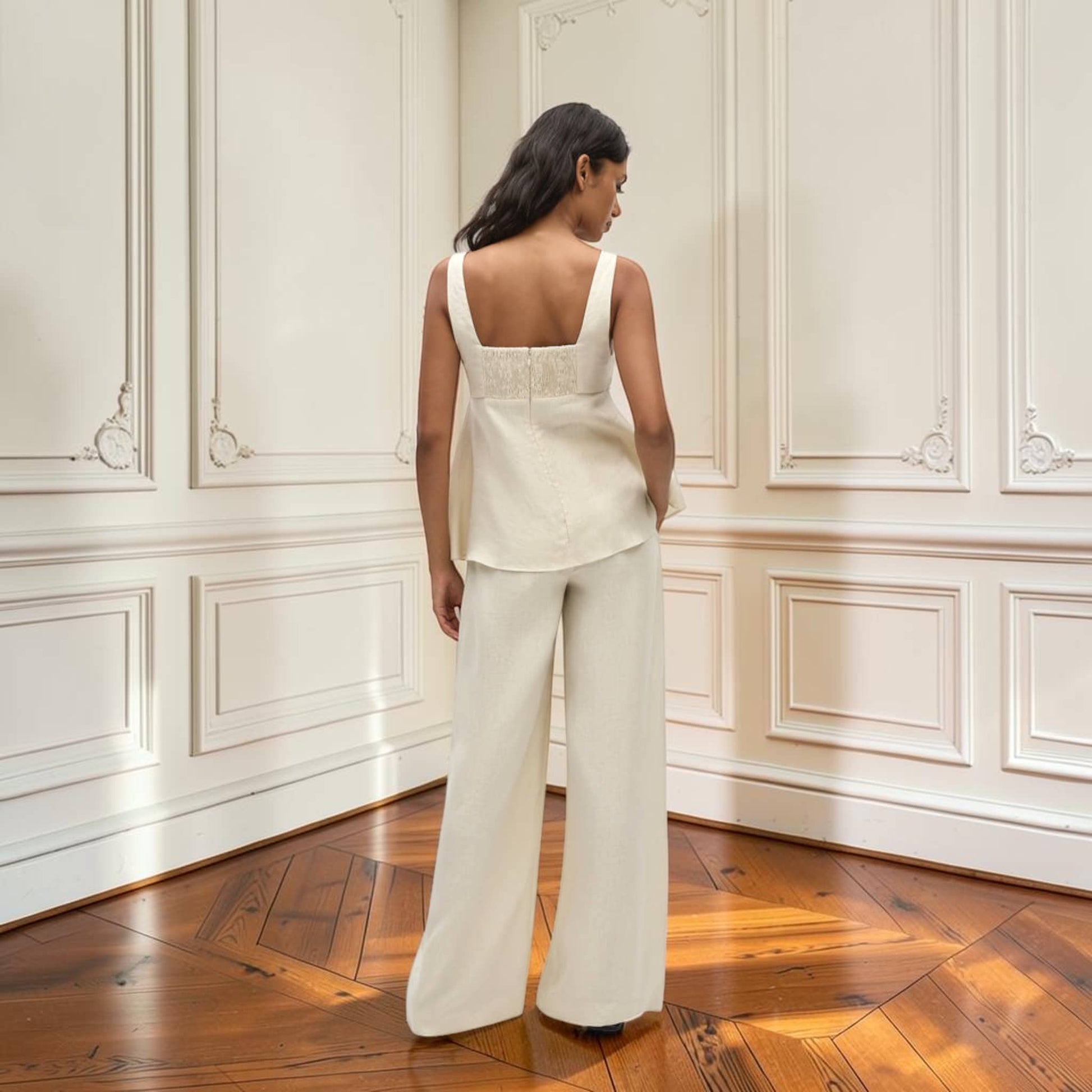 Linen Pant Set, Square Neck Peplum Top And Wide Leg Pants