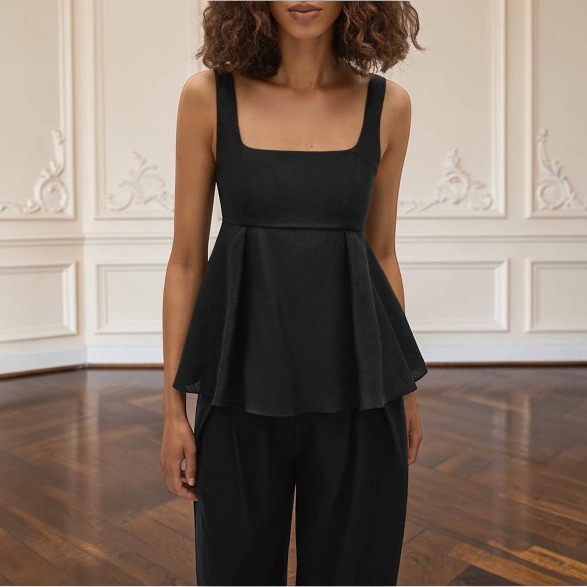 Linen Pant Set, Square Neck Peplum Top And Wide Leg Pants