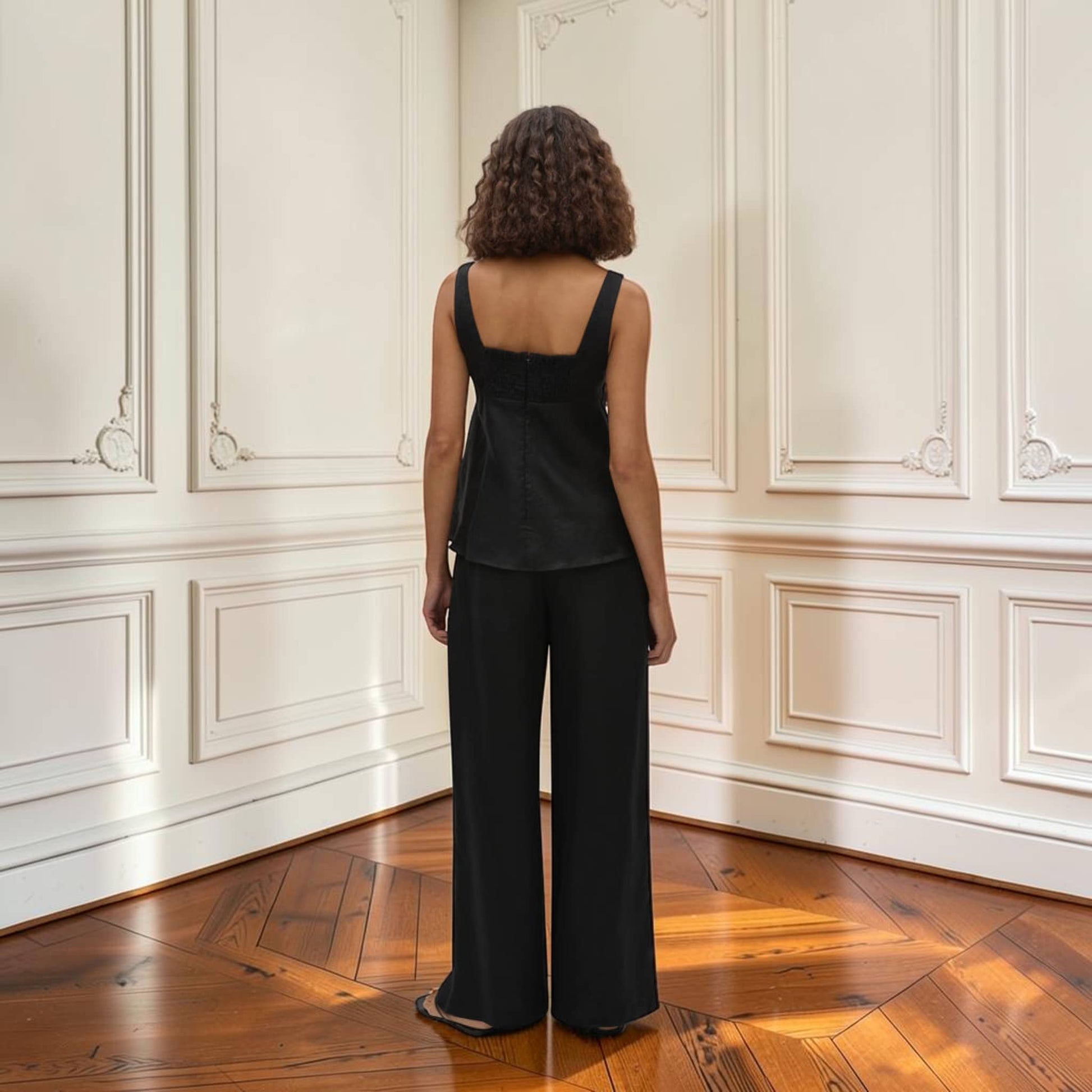 Linen Pant Set, Square Neck Peplum Top And Wide Leg Pants