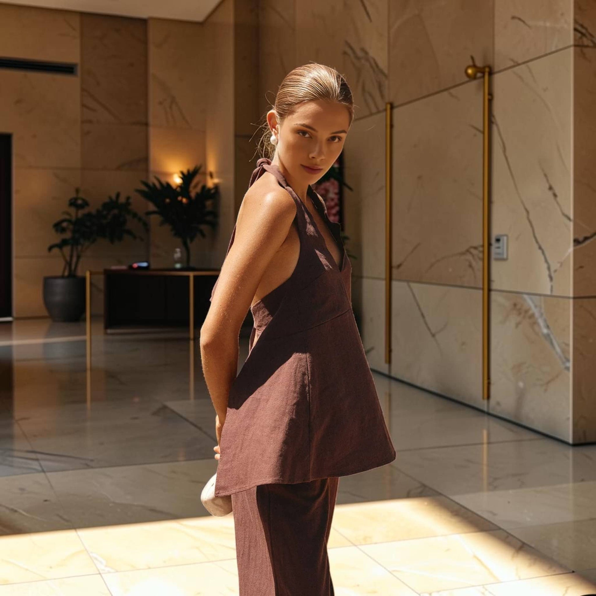 Linen Pants Set, Back Tie Halter Top And Straight-Leg Pants
