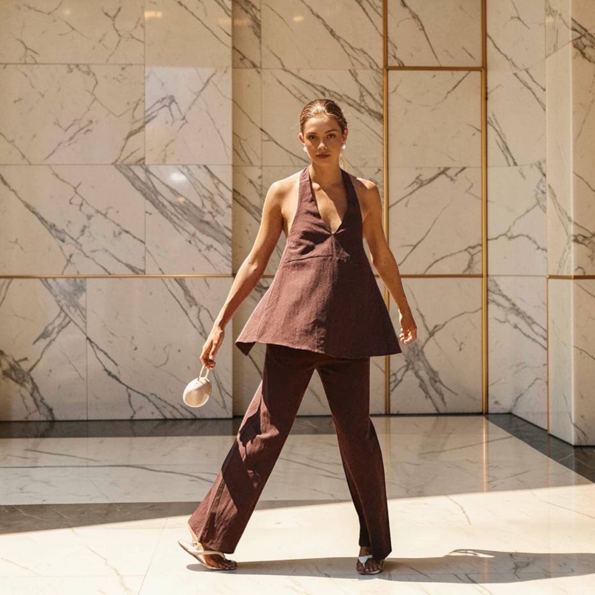 Linen Pants Set, Back Tie Halter Top And Straight-Leg Pants